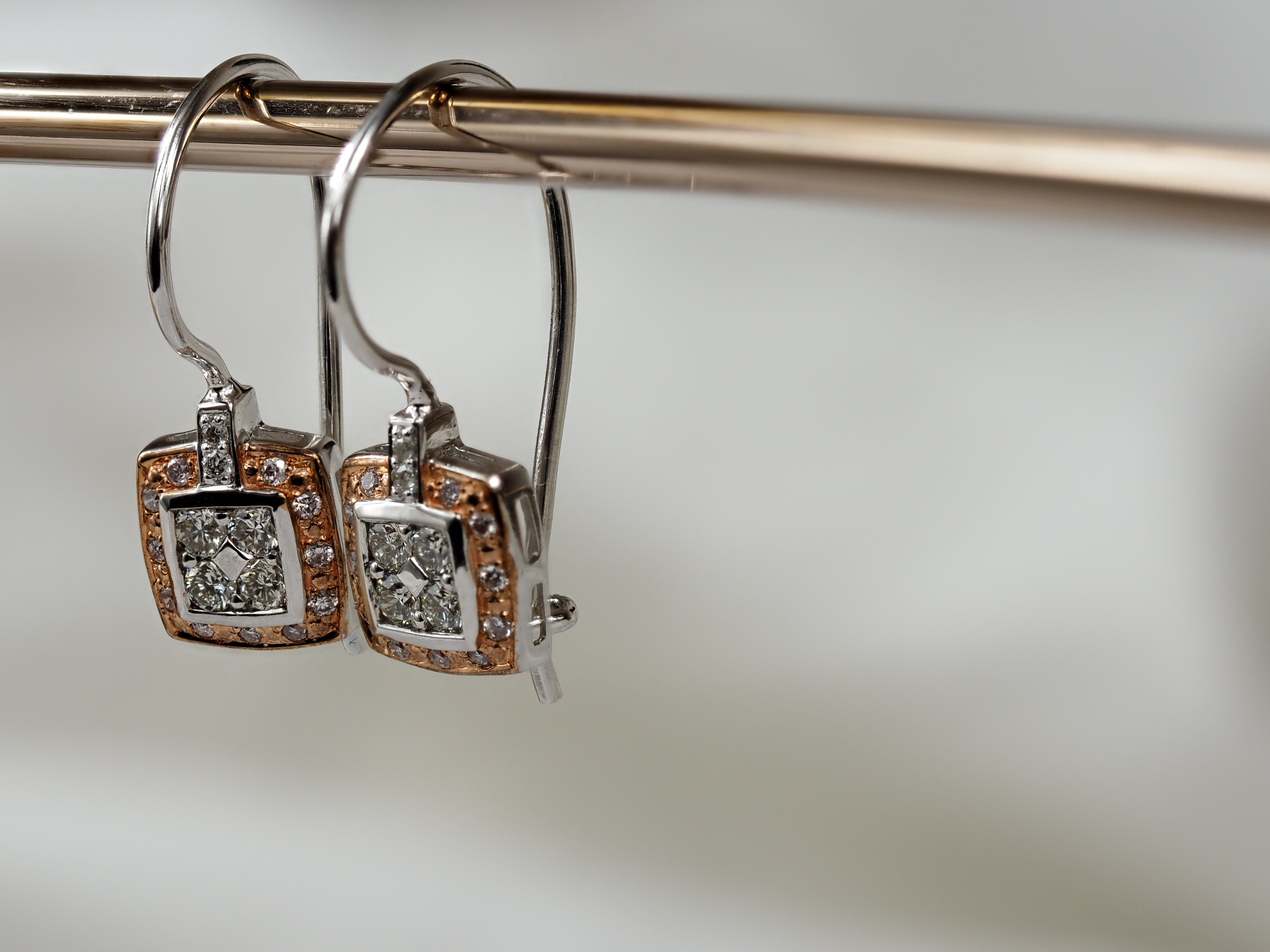 9ct Rose and White gold 'Pink Caviar' Argyle Diamond Shepard hook earrings, 0.29ct total