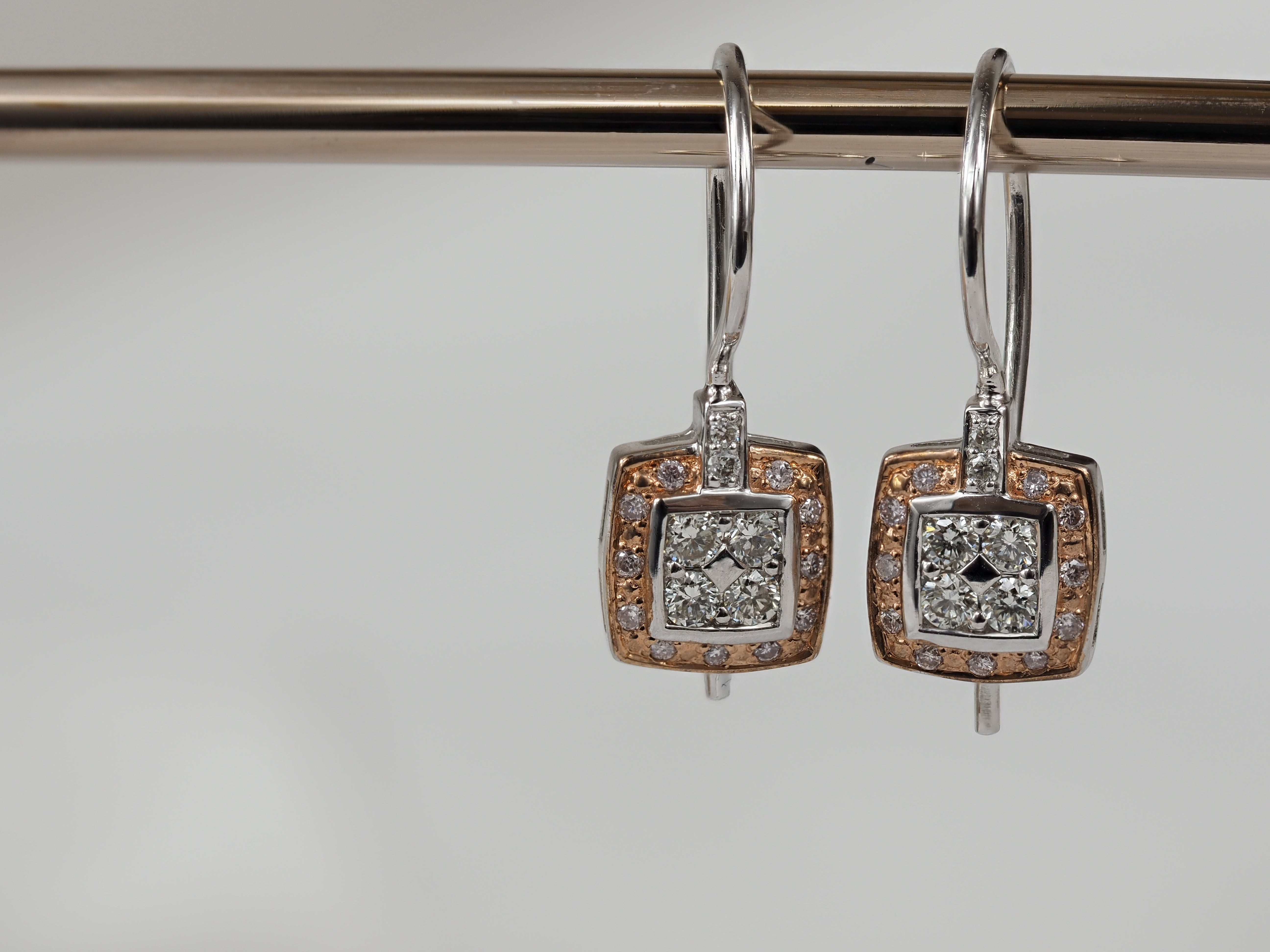 9ct Rose and White gold 'Pink Caviar' Argyle Diamond Shepard hook earrings, 0.29ct total