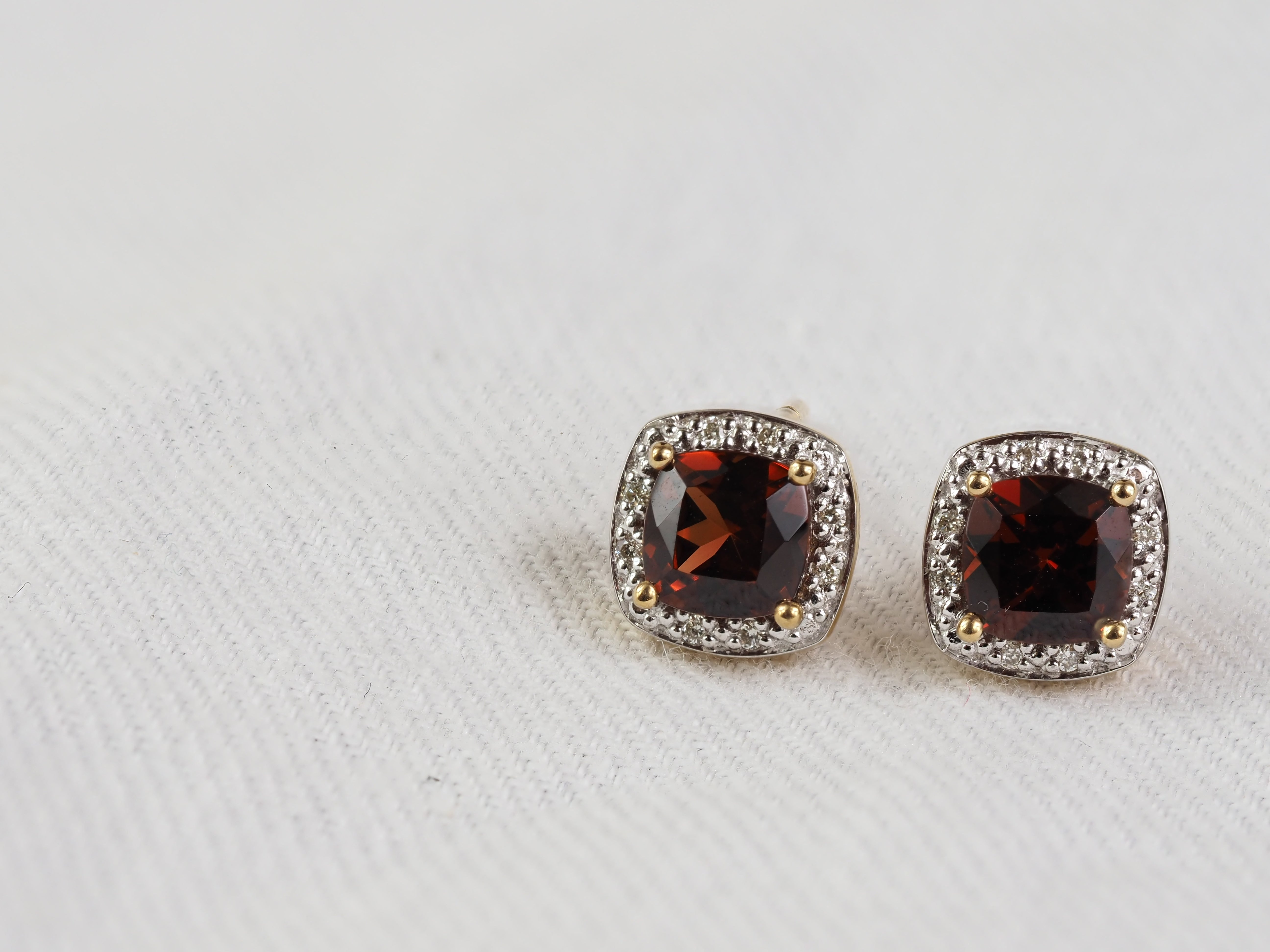 9ct Yellow and White Gold Garnet and Diamond Stud Earrings