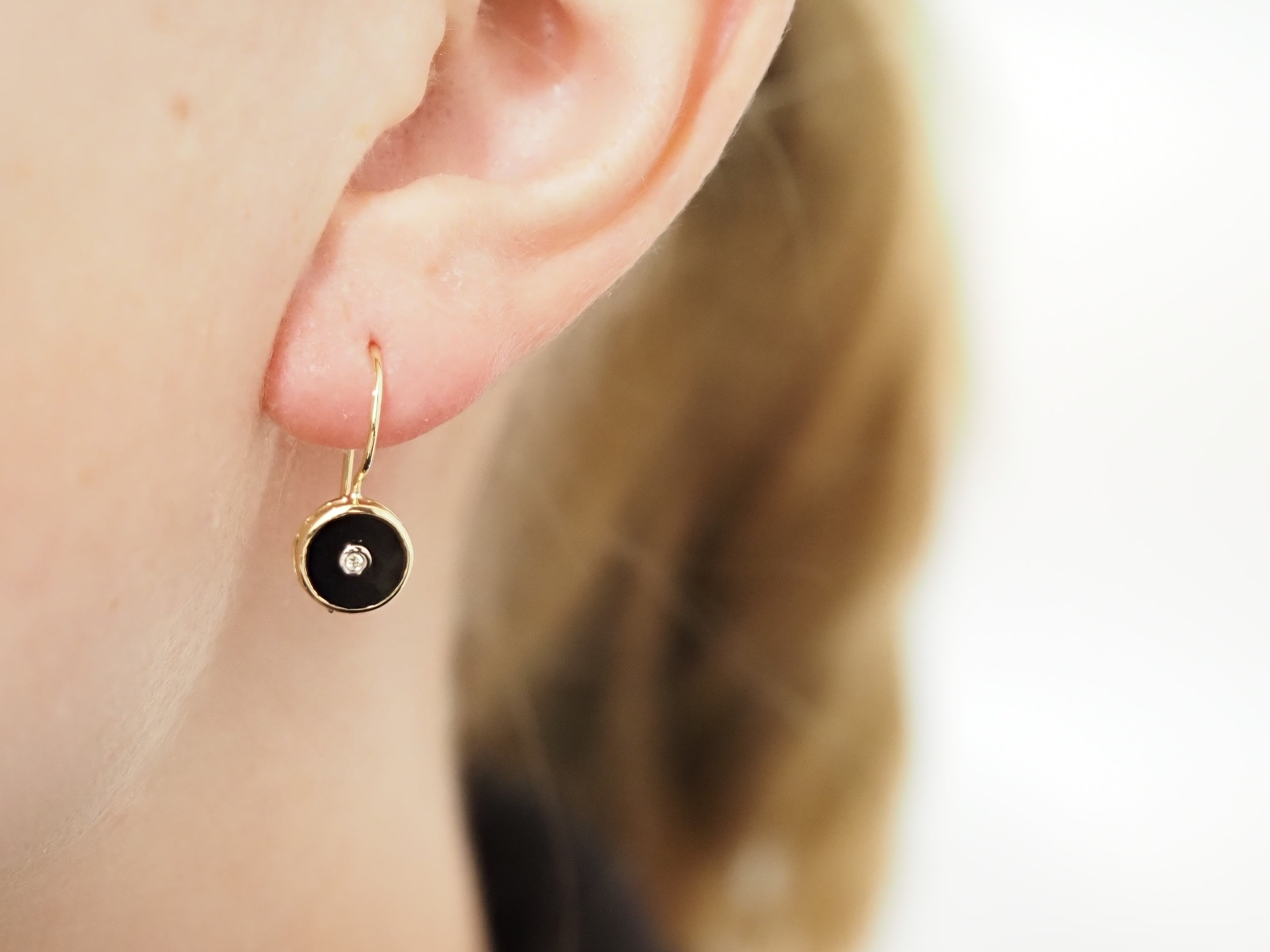 9ct Yellow Gold Onyx and Diamond Shepard Hook Earrings