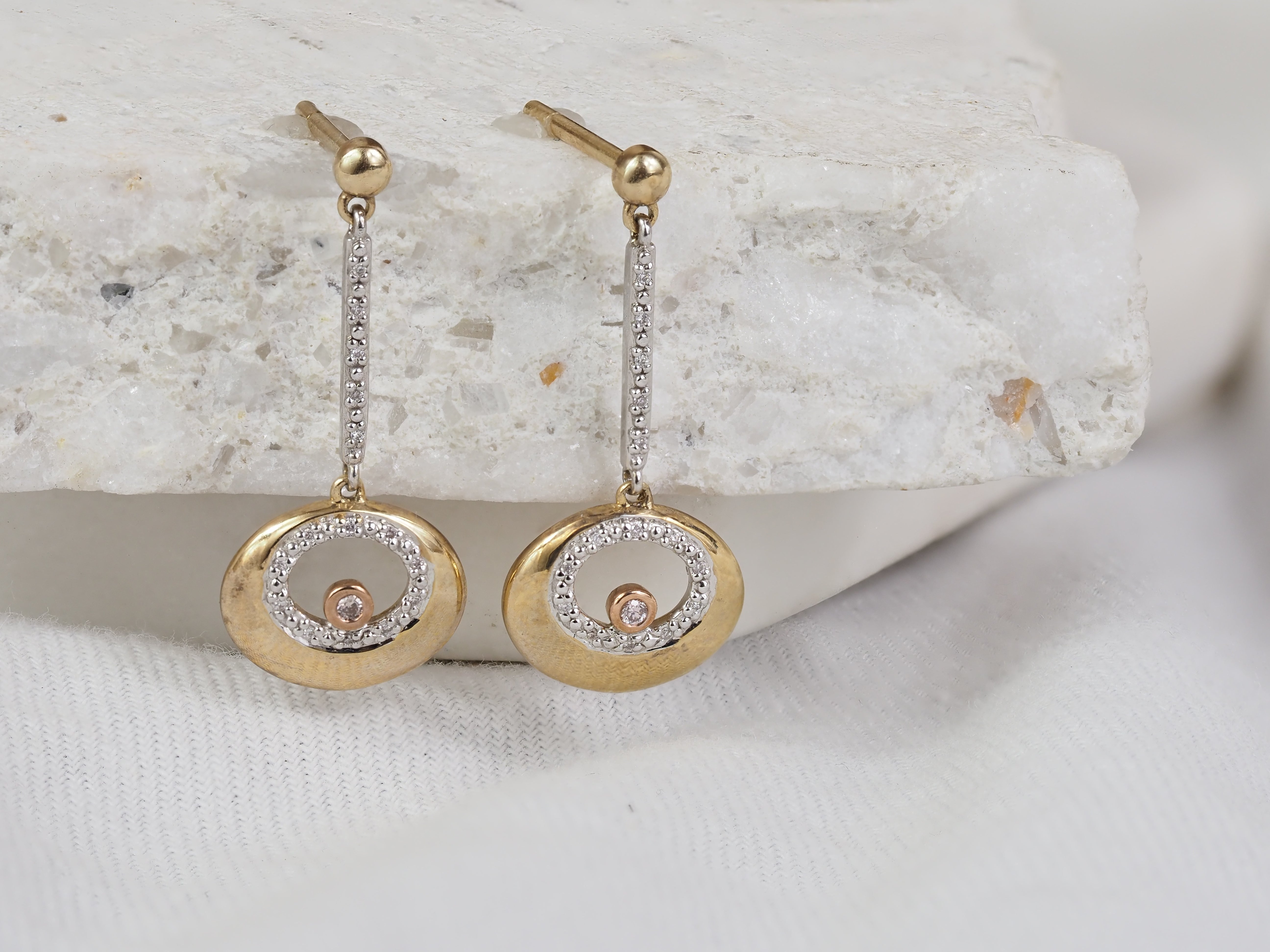 9ct Yellow, Rose and White Gold 'Pink Caviar' Argyle Diamond Drop earrings, 0.075ct total
