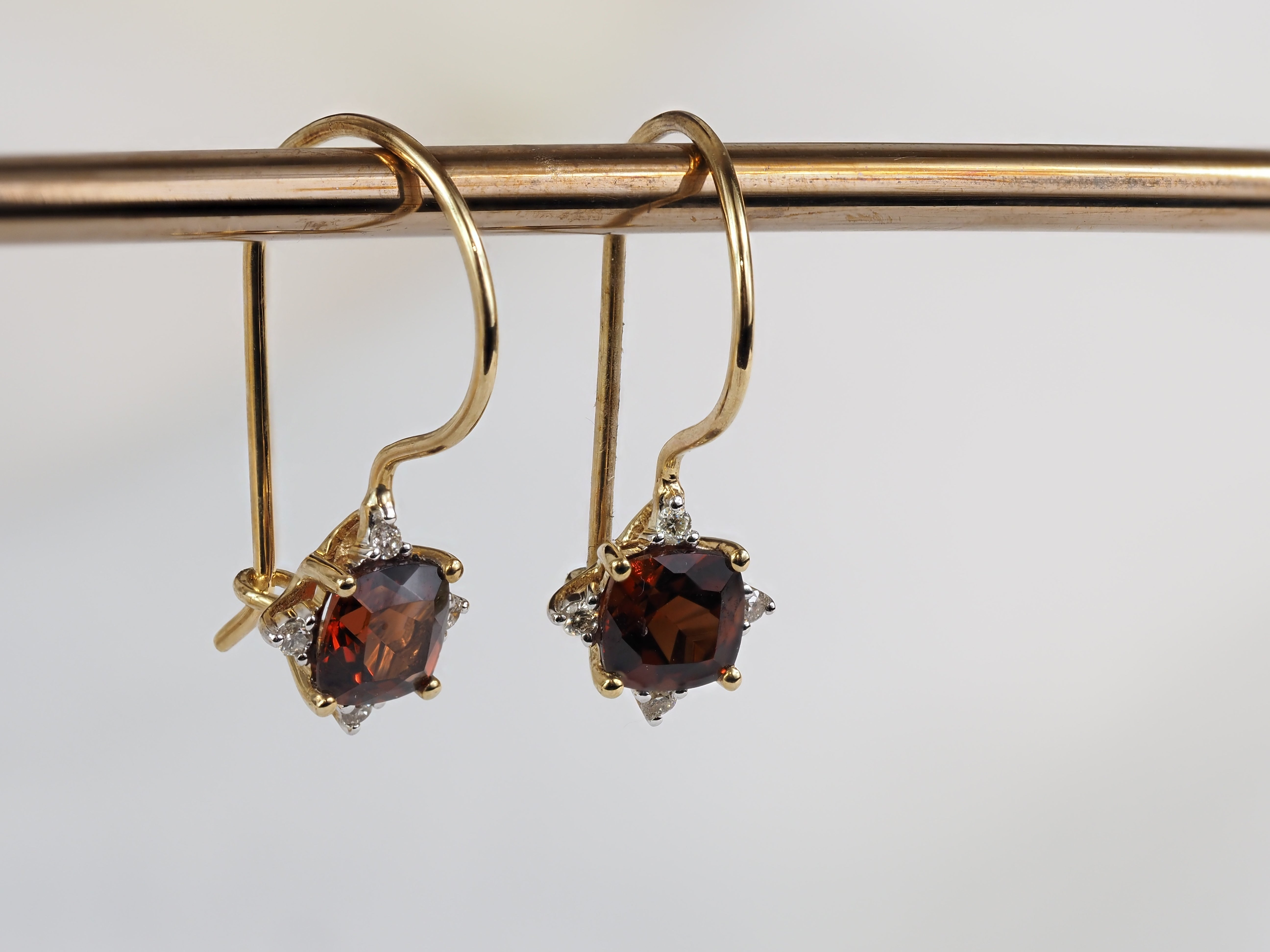 9ct Yellow Gold Garnet and Diamond Shepherd Hook Earrings