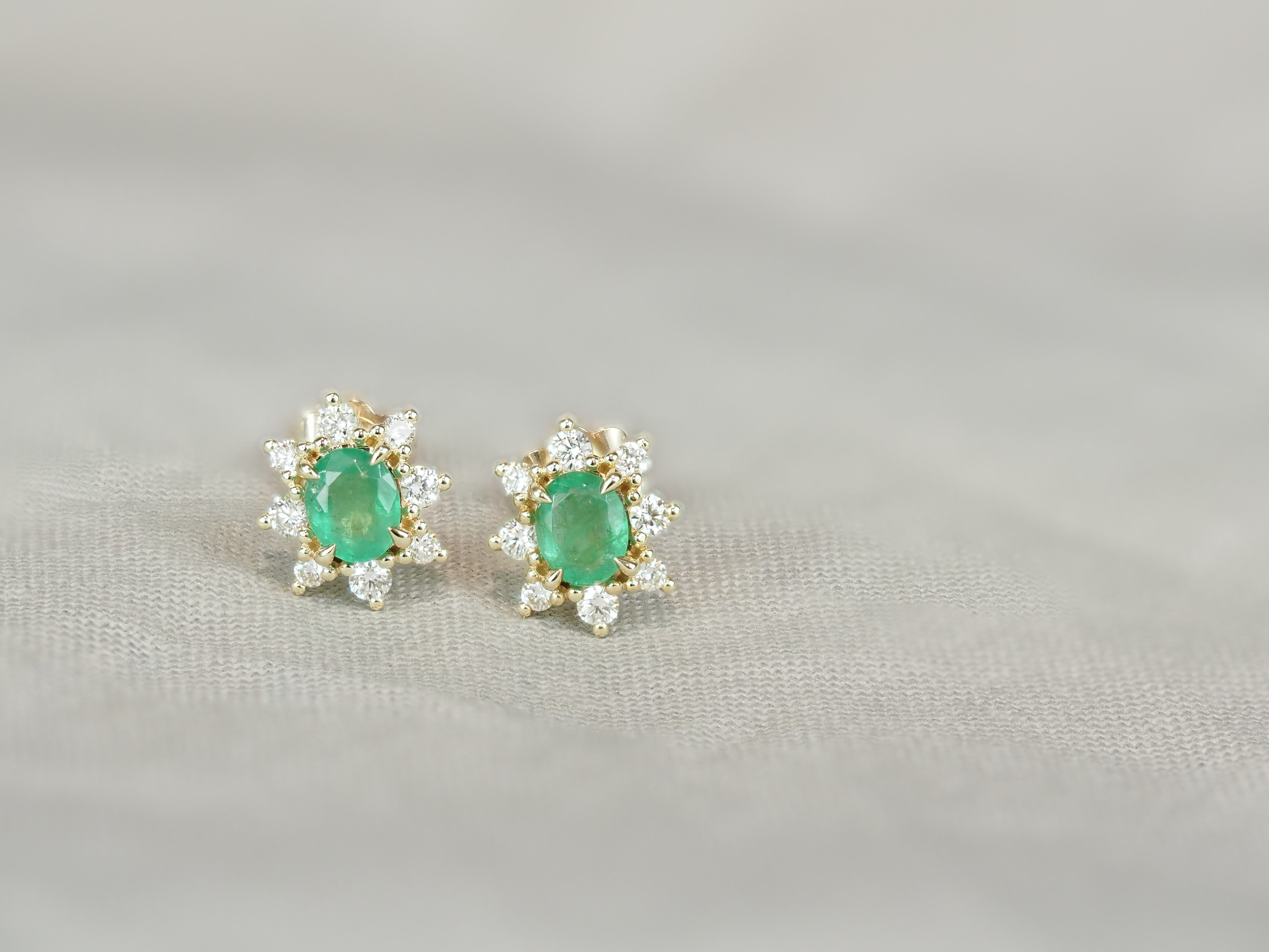 9ct Yellow Gold Emerald and Diamond Stud Earrings
