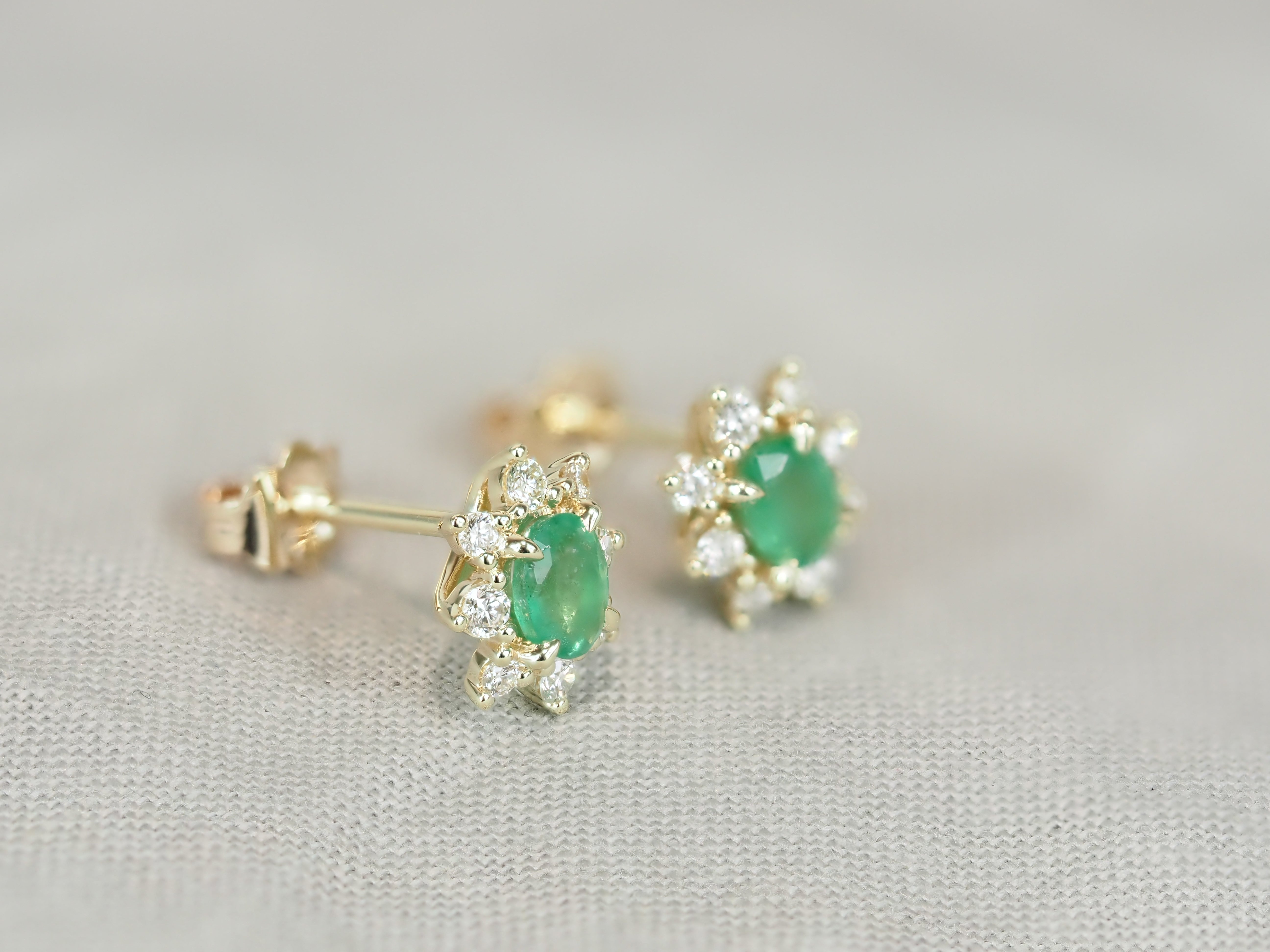9ct Yellow Gold Emerald and Diamond Stud Earrings