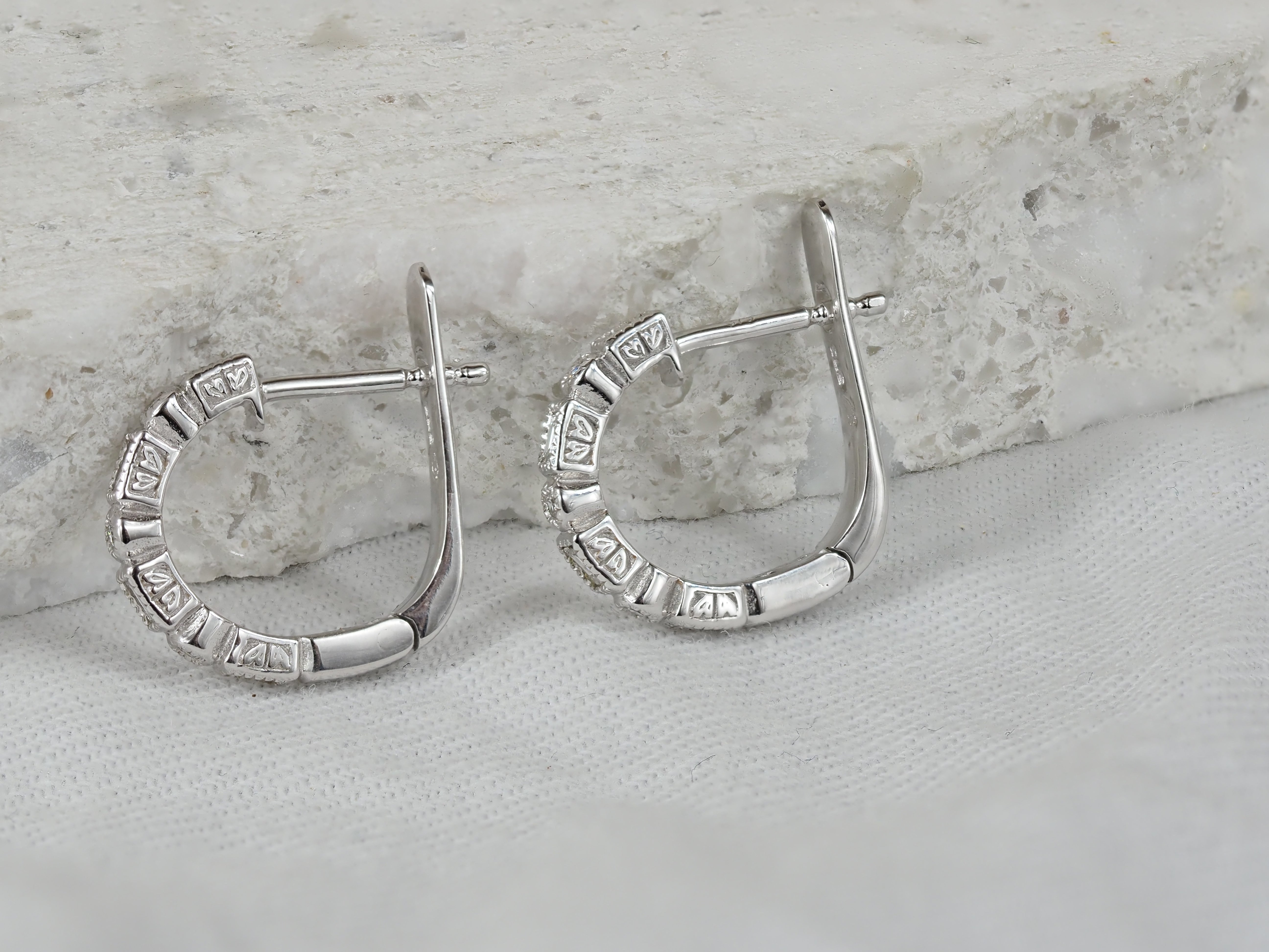9ct White Gold Round and Baguette Diamond Huggie Earrings