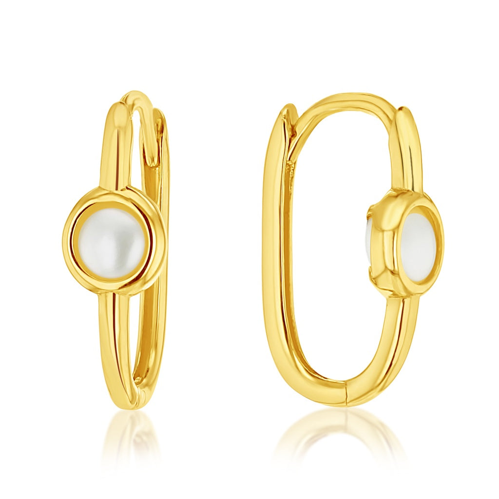 9ct Yellow Gold Oval Shaped Huggie Earring with Pearl