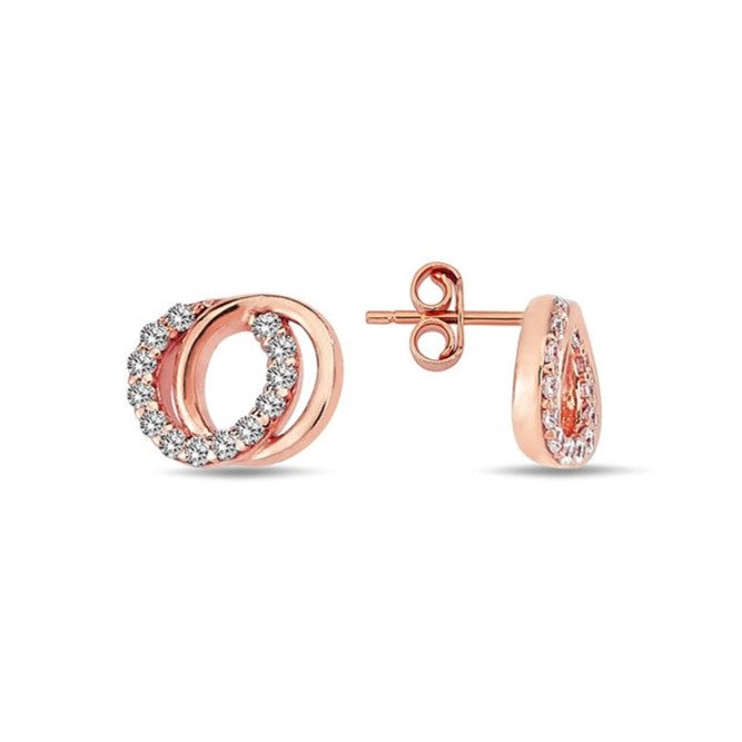 9ct Rose Gold CZ and Polished Double Circle stud earrings