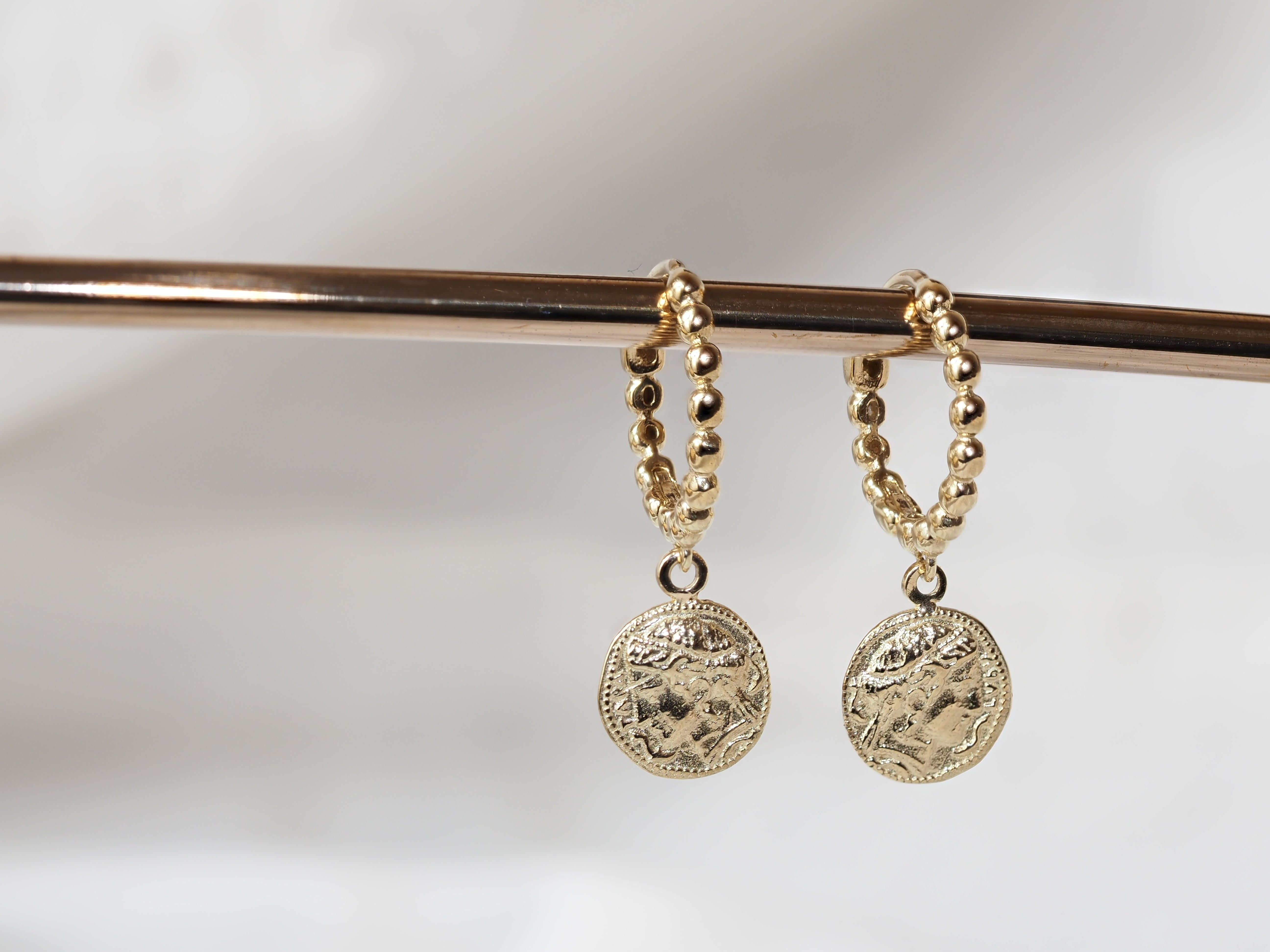 9ct Yellow Gold Greek Medallion Drop Huggie Earrings