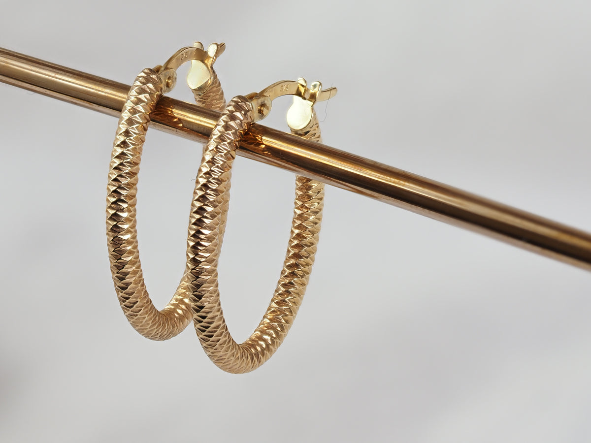 9ct Yellow Gold Diamond cut Oval shape hoops