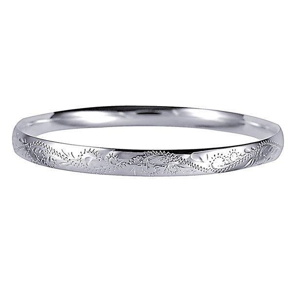 Sterling Silver Solid Hand Engraved Bangle, 64mm