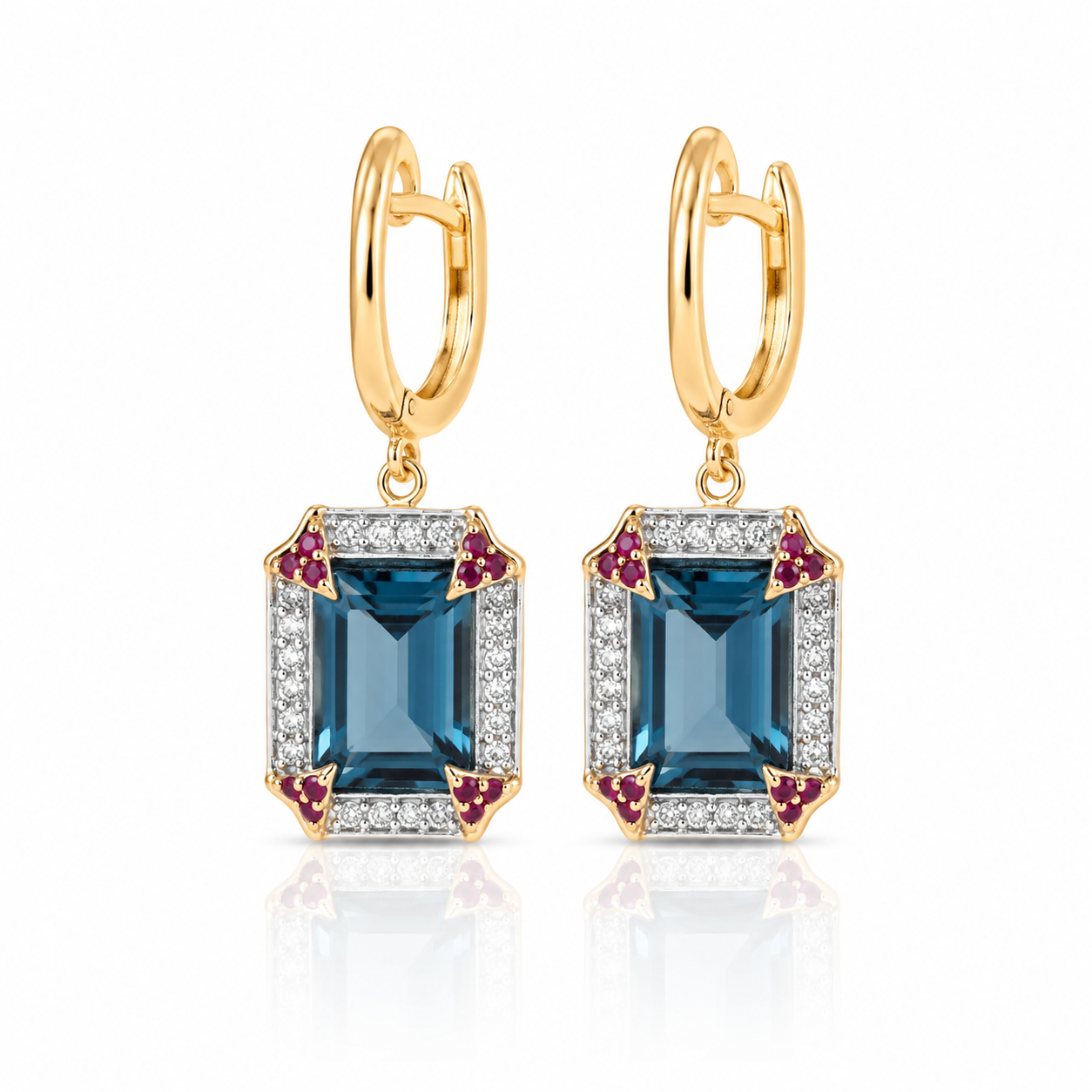 9ct Yellow Gold Blue Topaz, Ruby and Diamond Huggie Earrings
