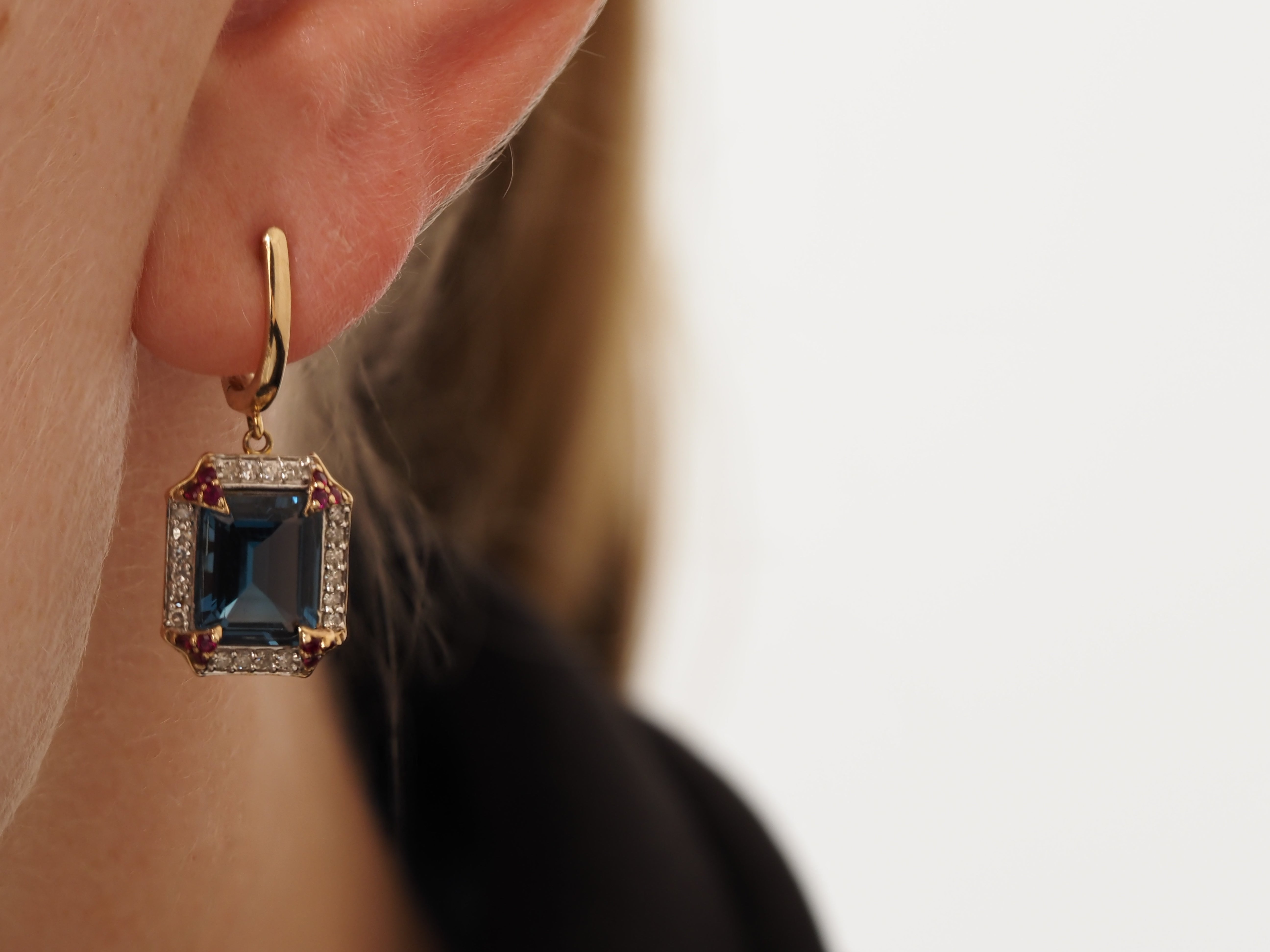 9ct Yellow Gold Blue Topaz, Ruby and Diamond Huggie Earrings