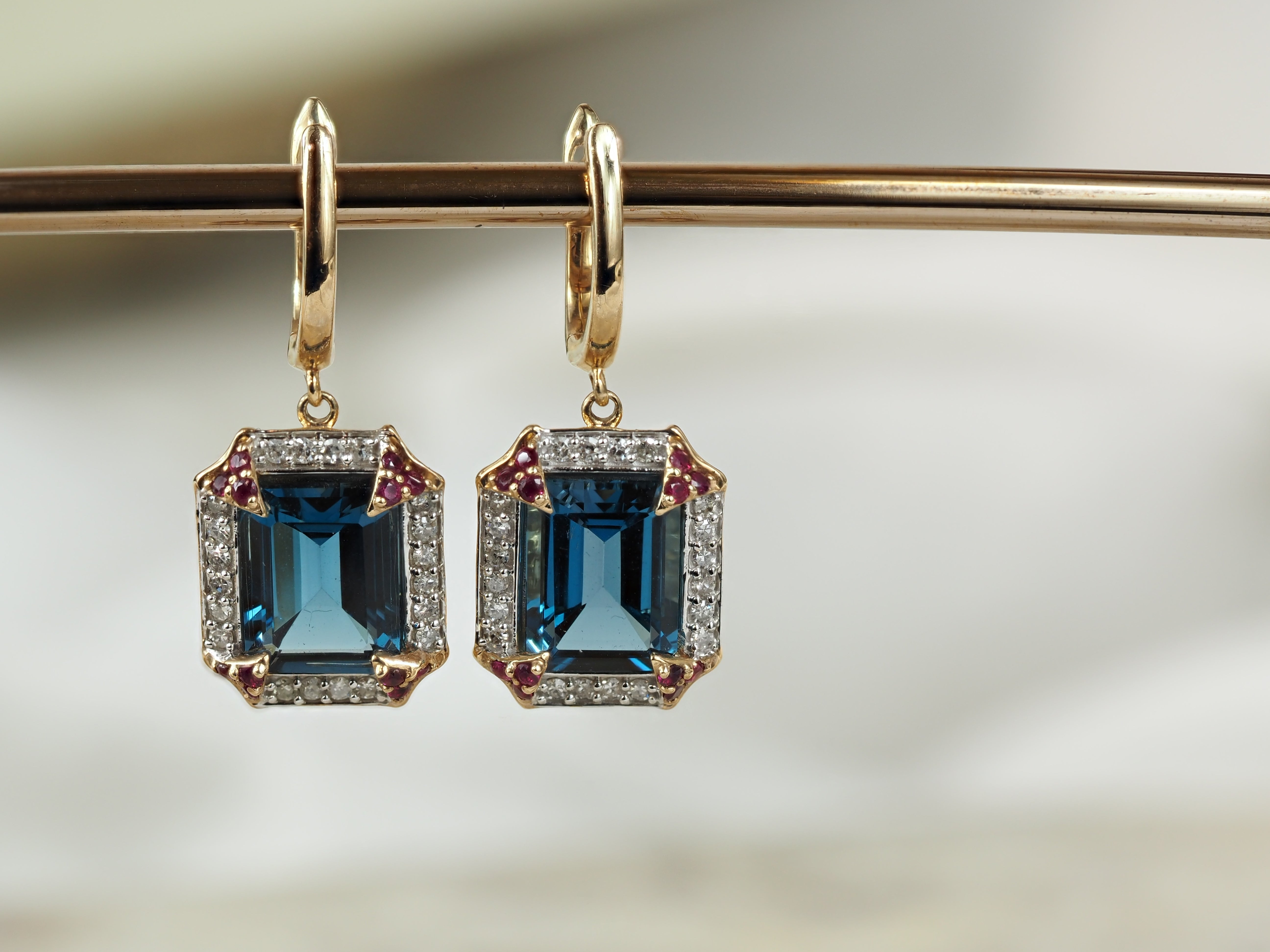 9ct Yellow Gold Blue Topaz, Ruby and Diamond Huggie Earrings