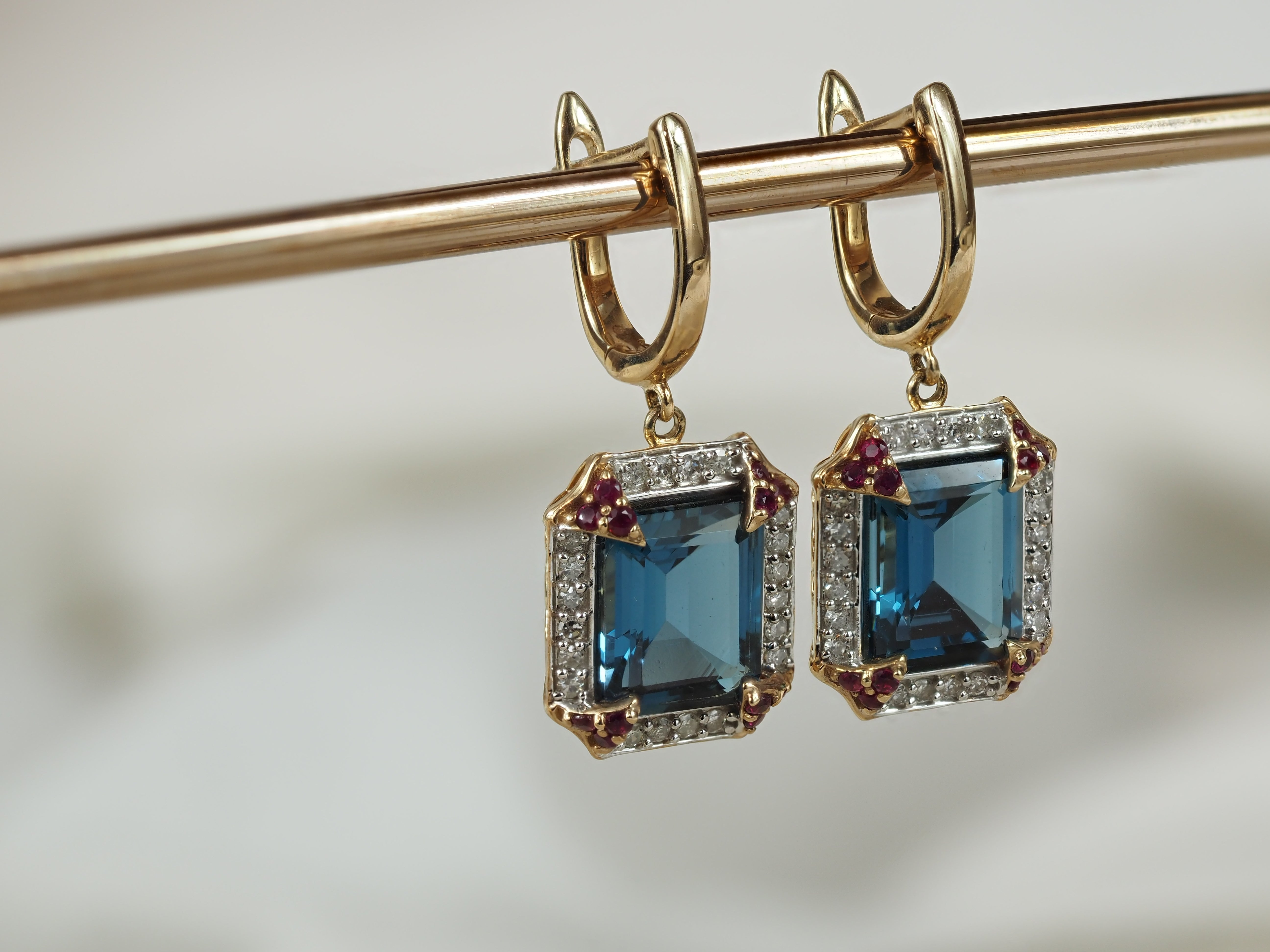 9ct Yellow Gold Blue Topaz, Ruby and Diamond Huggie Earrings