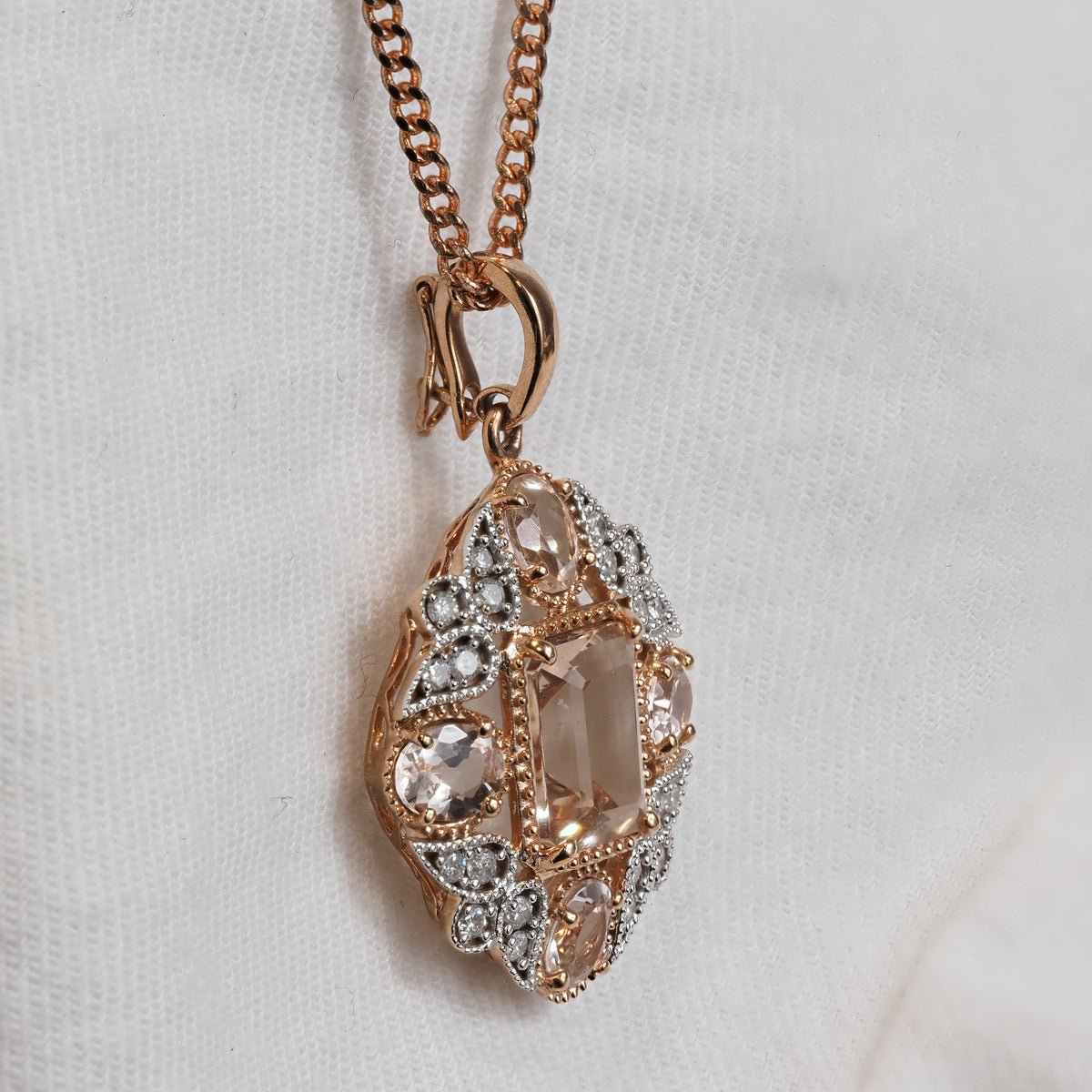9ct Rose and White Gold Morganite and Diamond Enhancer Pendant