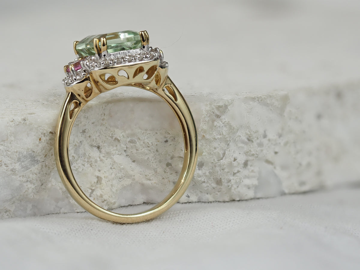 9ct Yellow Gold Green Amethyst, Sapphire and Diamond Ring