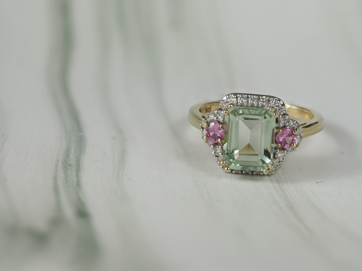 9ct Yellow Gold Green Amethyst, Sapphire and Diamond Ring