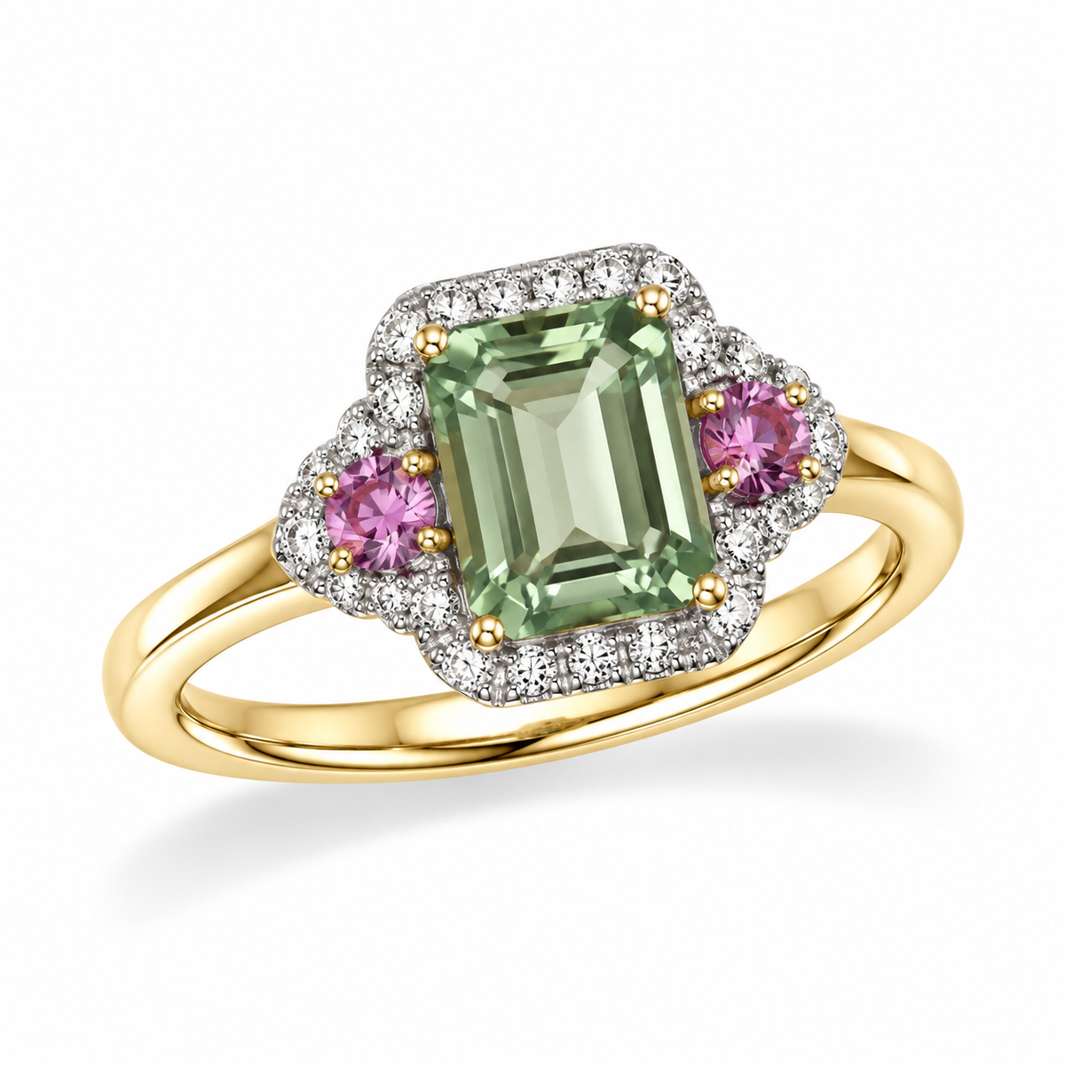 9ct Yellow Gold Green Amethyst, Sapphire and Diamond Ring
