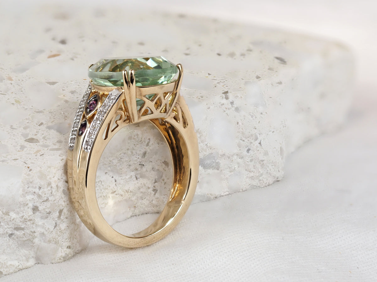 9ct Yellow Gold Mint Quartz, Rhodolite Garnet and Diamond Ring