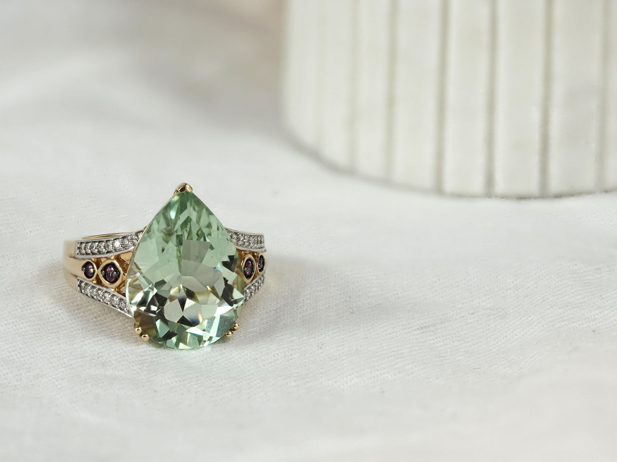 9ct Yellow Gold Mint Quartz, Rhodolite Garnet and Diamond Ring