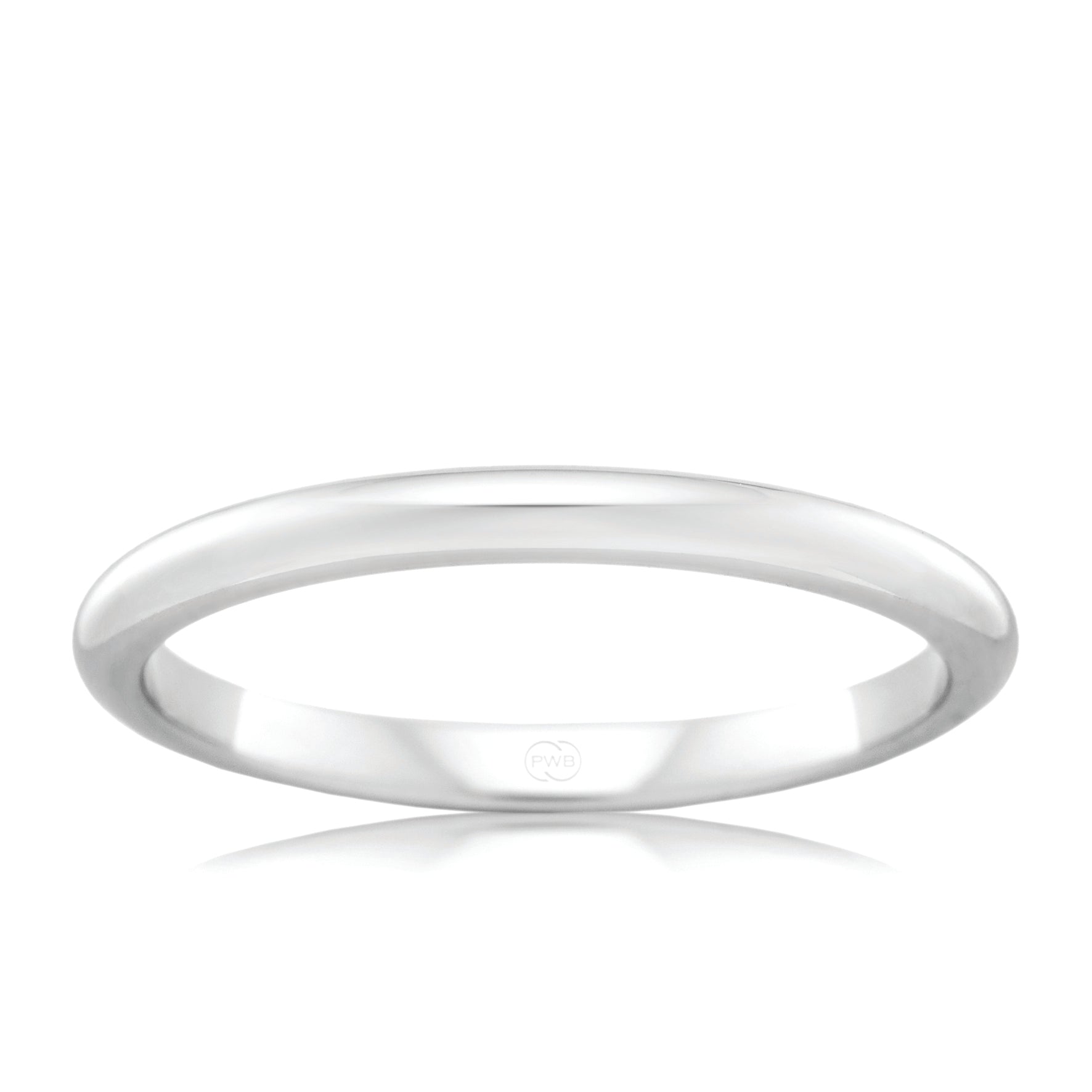18ct White Gold 2mm High Dome Wedding Band, polished finish, size L