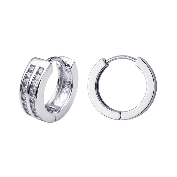 Sterling Silver Double Row Cubic Zirconia Huggie Earrings