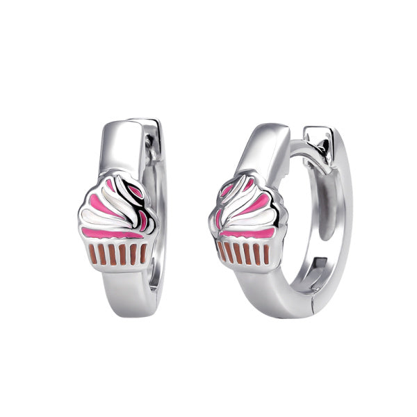 Sterling Silver Enamel Cupcake Huggie Earrings