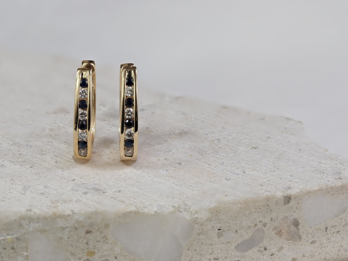 9ct Yellow Gold Sapphire and Diamond Huggie Earrings