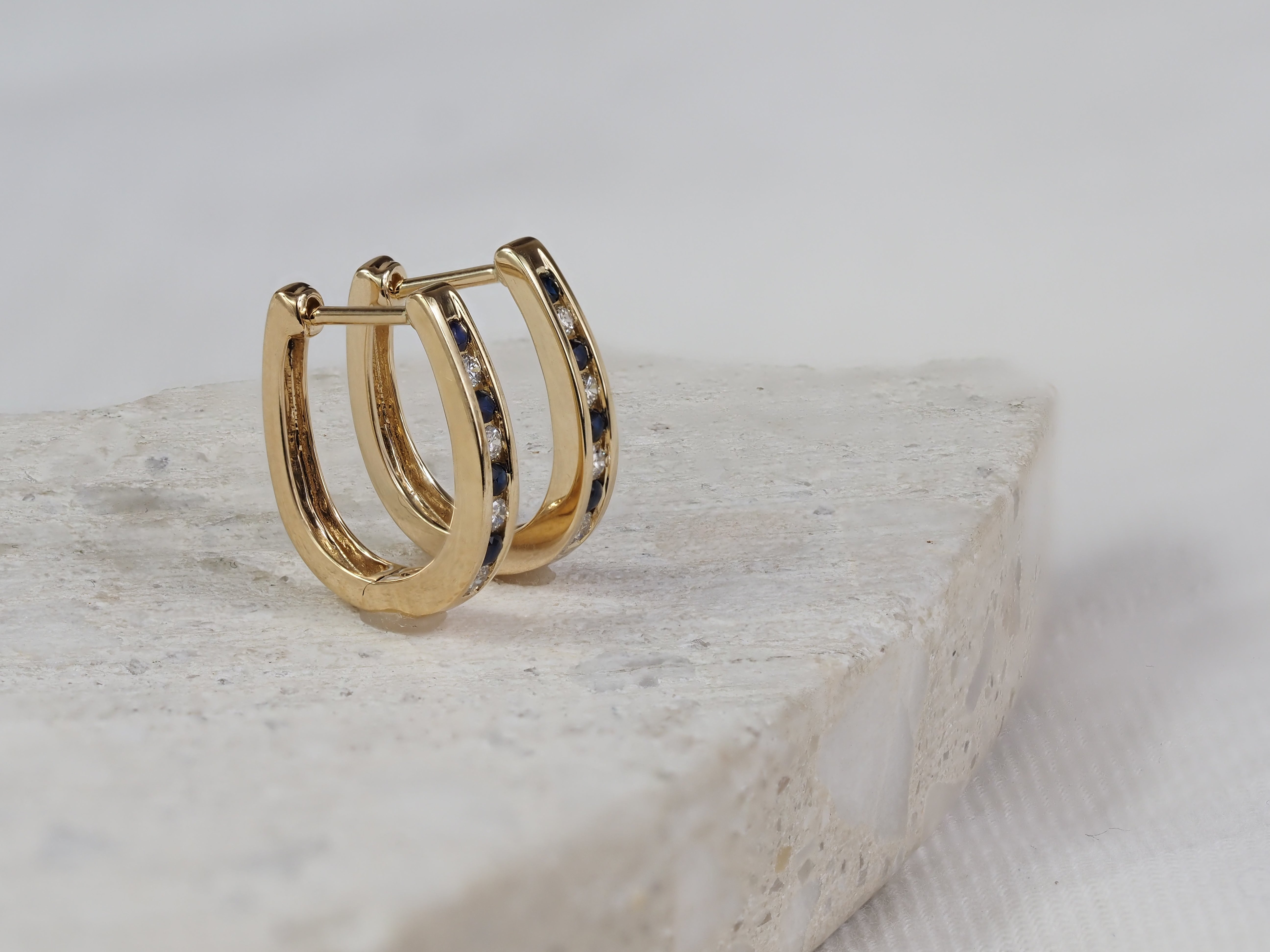 9ct Yellow Gold Sapphire and Diamond Huggie Earrings