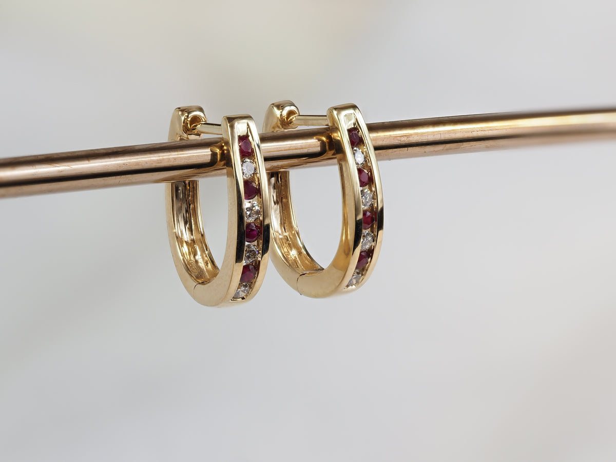 9ct Yellow Gold Ruby and Diamond Huggie Earrings