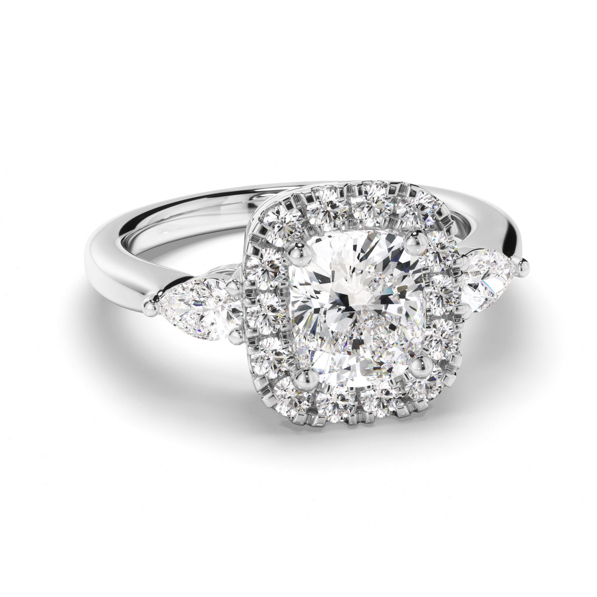 Cushion Cut Diamond Halo Trilogy Engagement Ring with Pear Sides