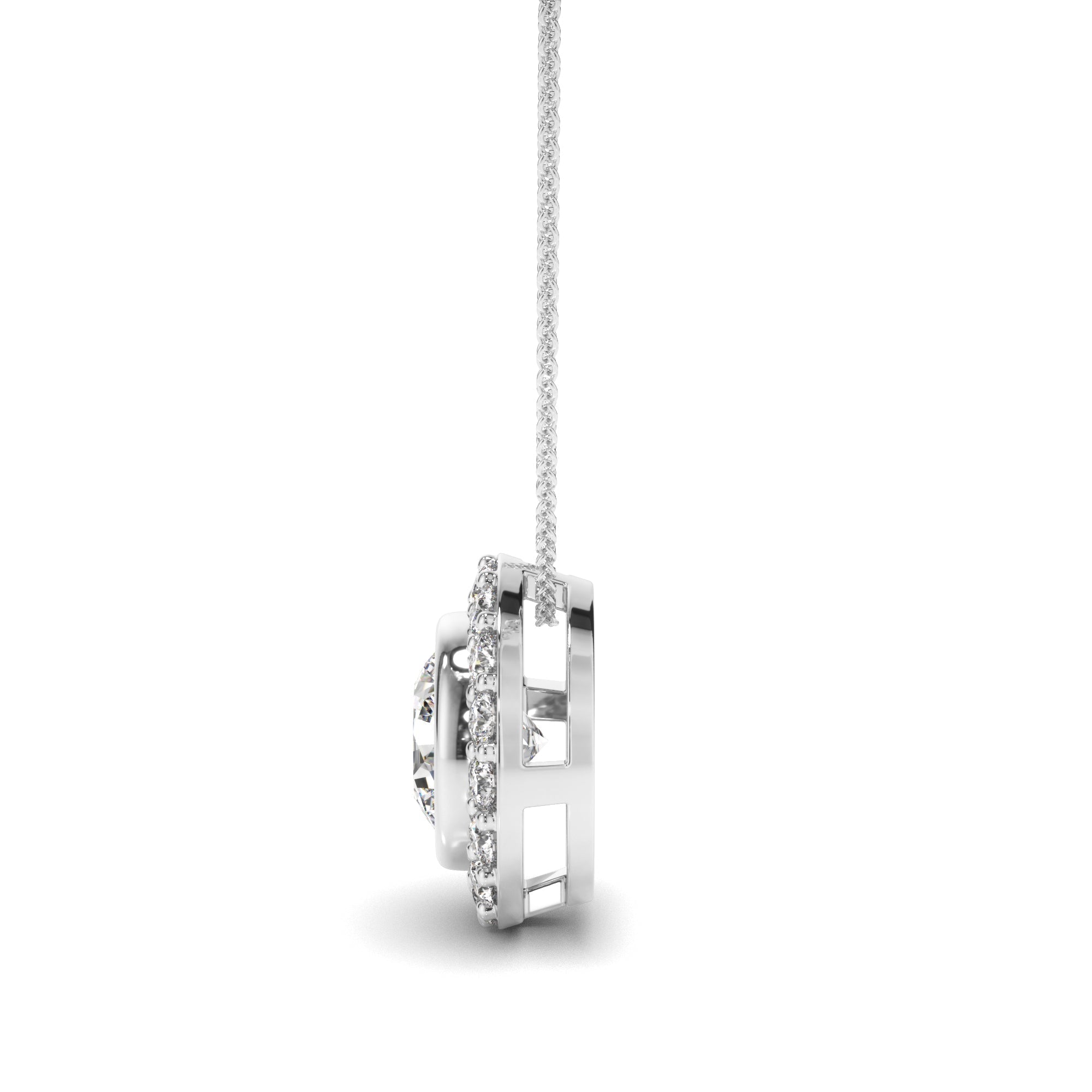 Round Brilliant Cut Diamond Bezel Set Halo Necklet