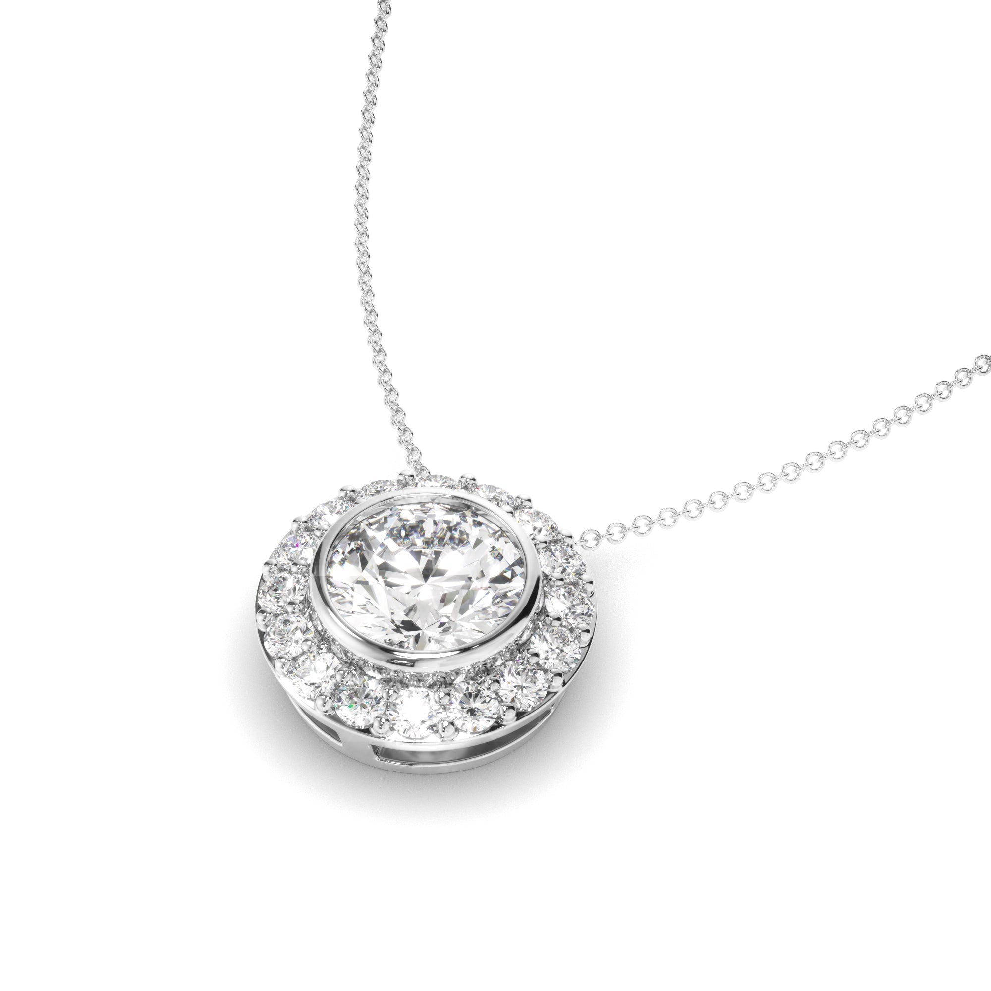 Round Brilliant Cut Diamond Bezel Set Halo Necklet