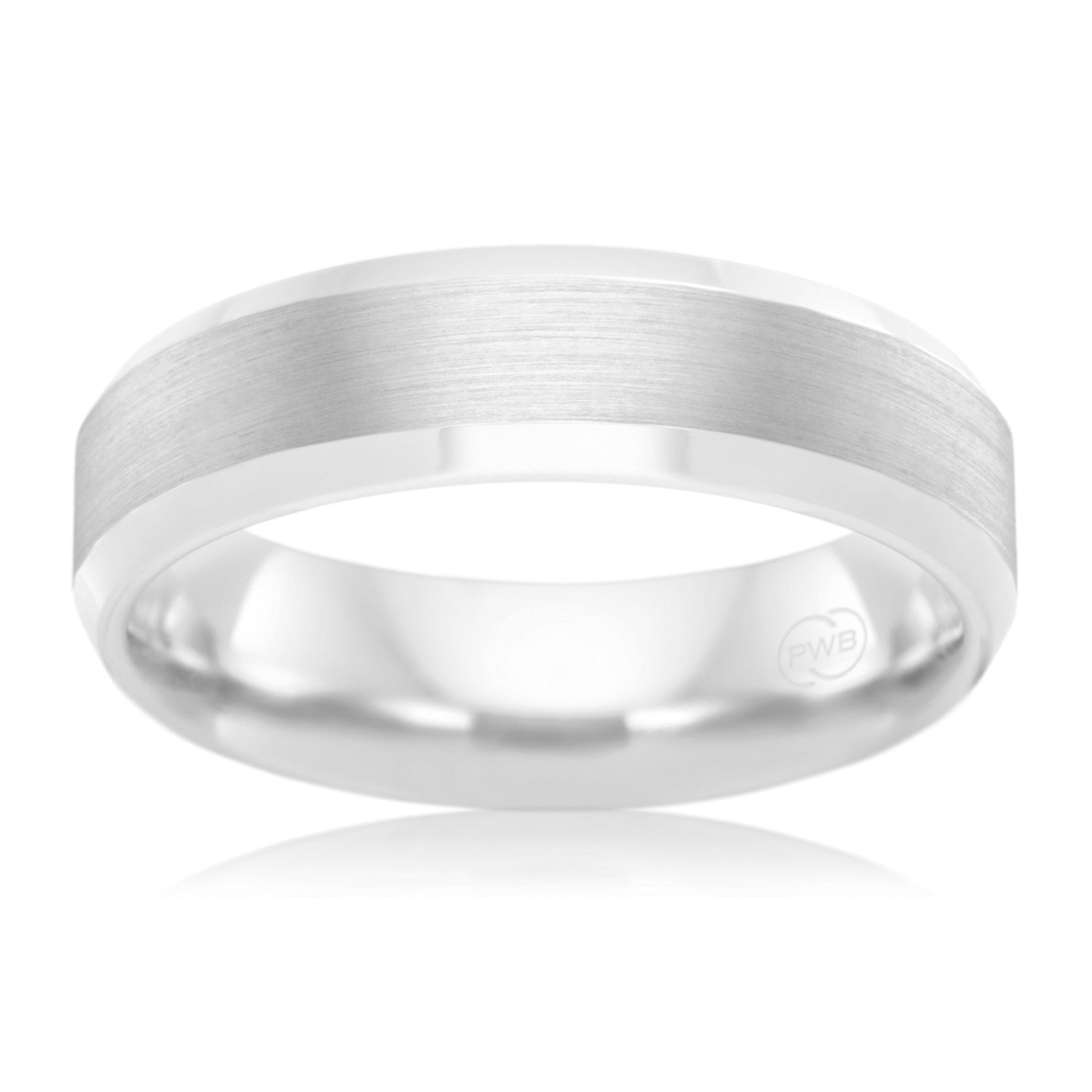 9ct White Gold 7.5mm Wedding Band, brushed centre