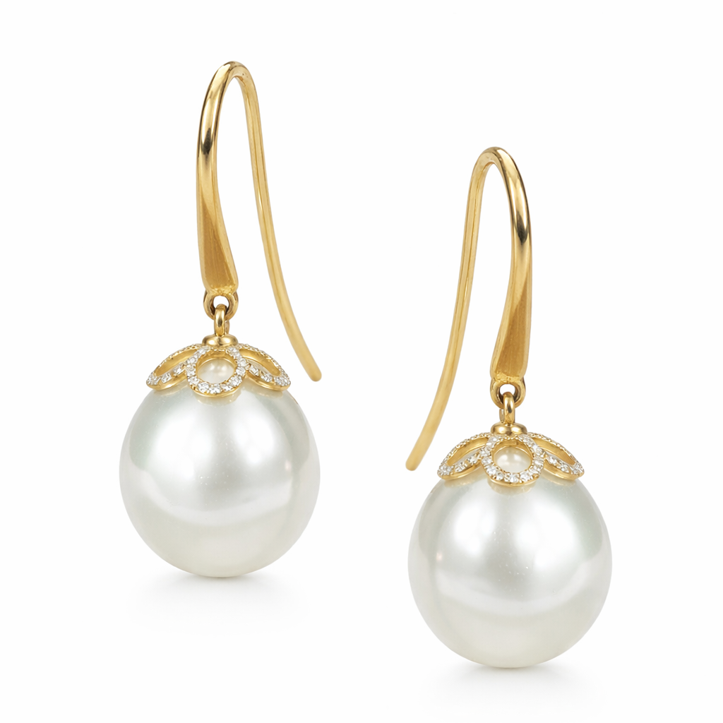 Autore 18ct Yellow Gold South Sea Pearl and Diamond Drop Earrings, 13mm