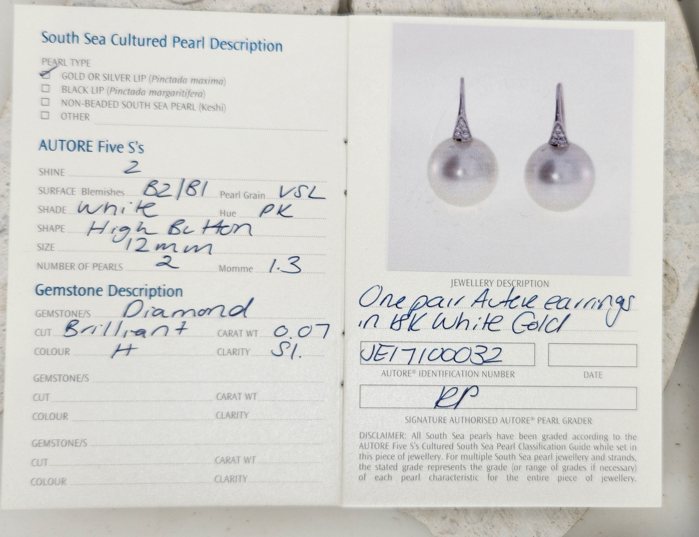 Autore 18ct White Gold South Sea Pearl and Diamond Drop Earrings, 12mm
