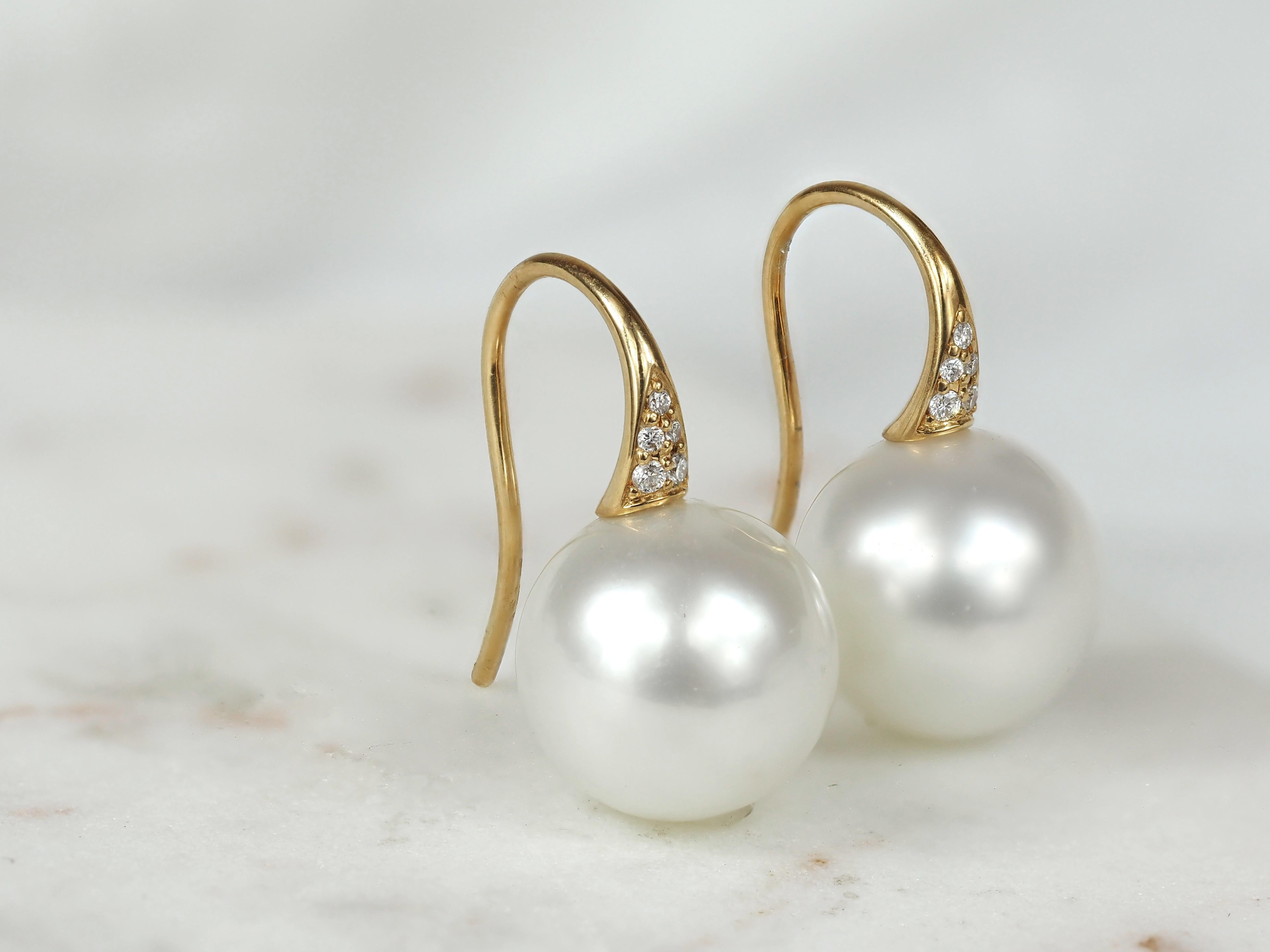 Autore 18ct Yellow Gold South Sea Pearl and Diamond Drop Earrings, 12mm