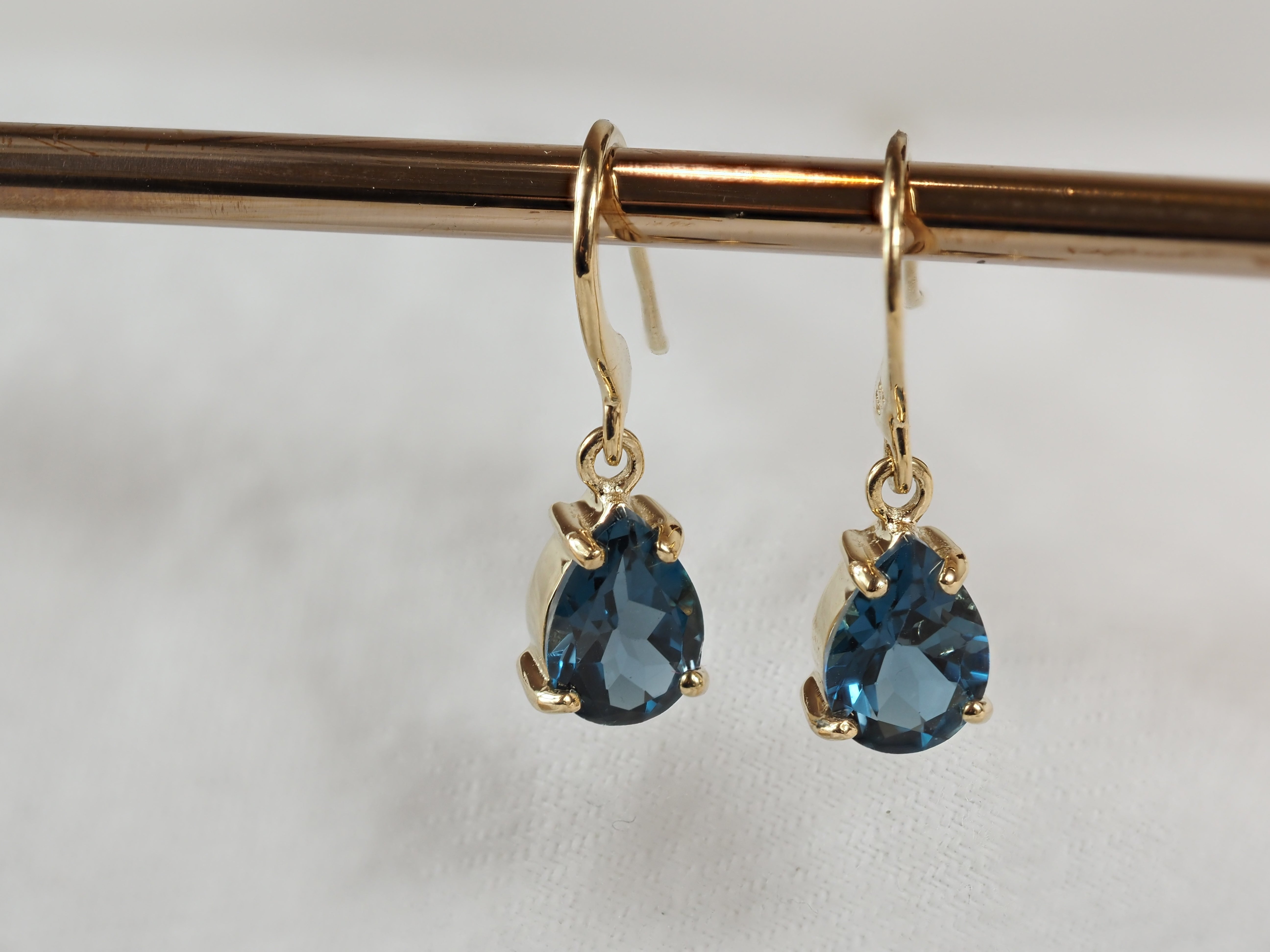 9ct Yellow Gold London Blue Topaz Shepard Hook Earrings
