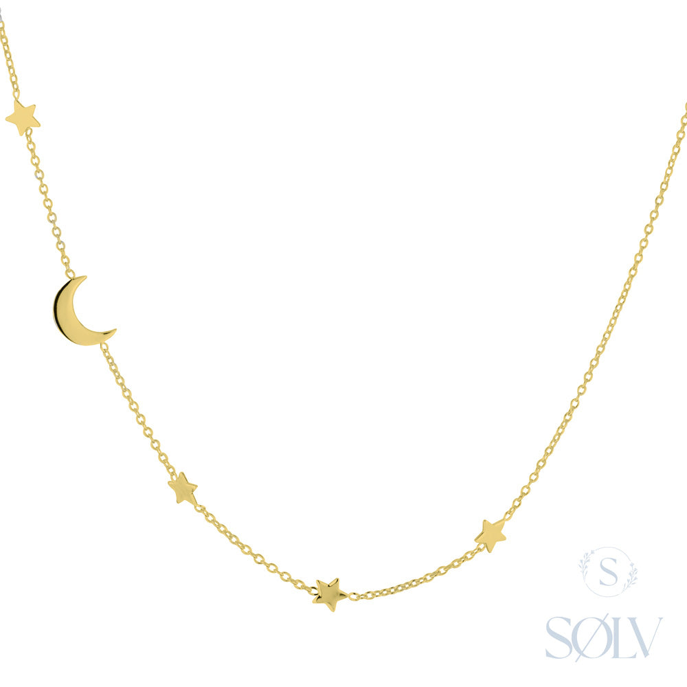 Solv Sterling Silver Gold Plated Star and Moon Necklet