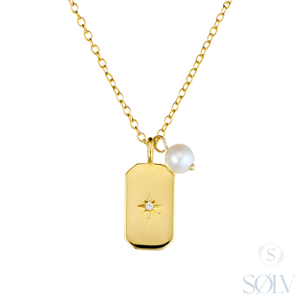 Solv Sterling Silver Gold Plated Cubic Zirconia and Pearl Necklet