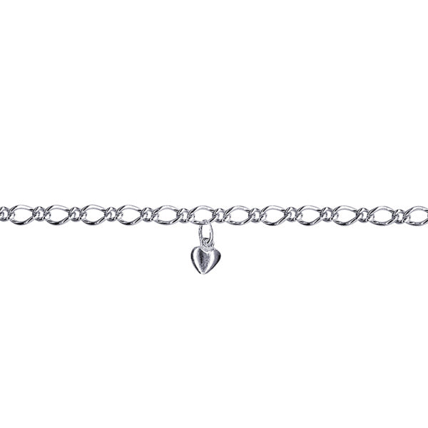 Sterling Silver 1 to 1 Figaro Heart Anklet, 2.7mm, 25cm