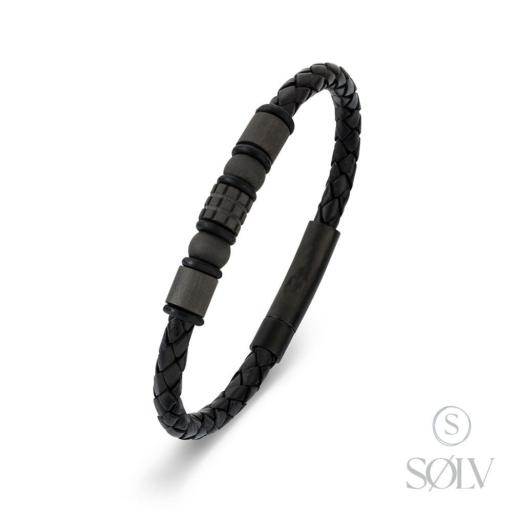 Solv Stainless Steel Beaded Leather Bracelet, 21cm