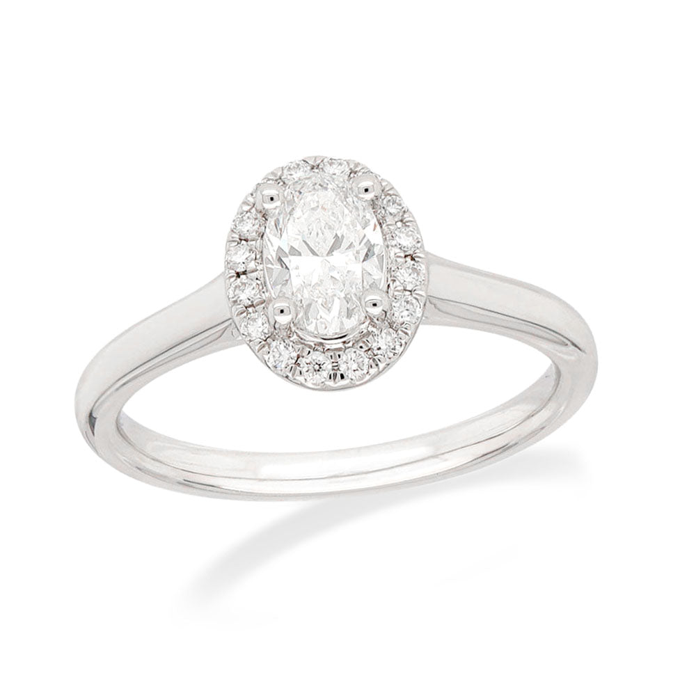 18ct White Gold Oval Halo Ring, 0.50 carat centre.