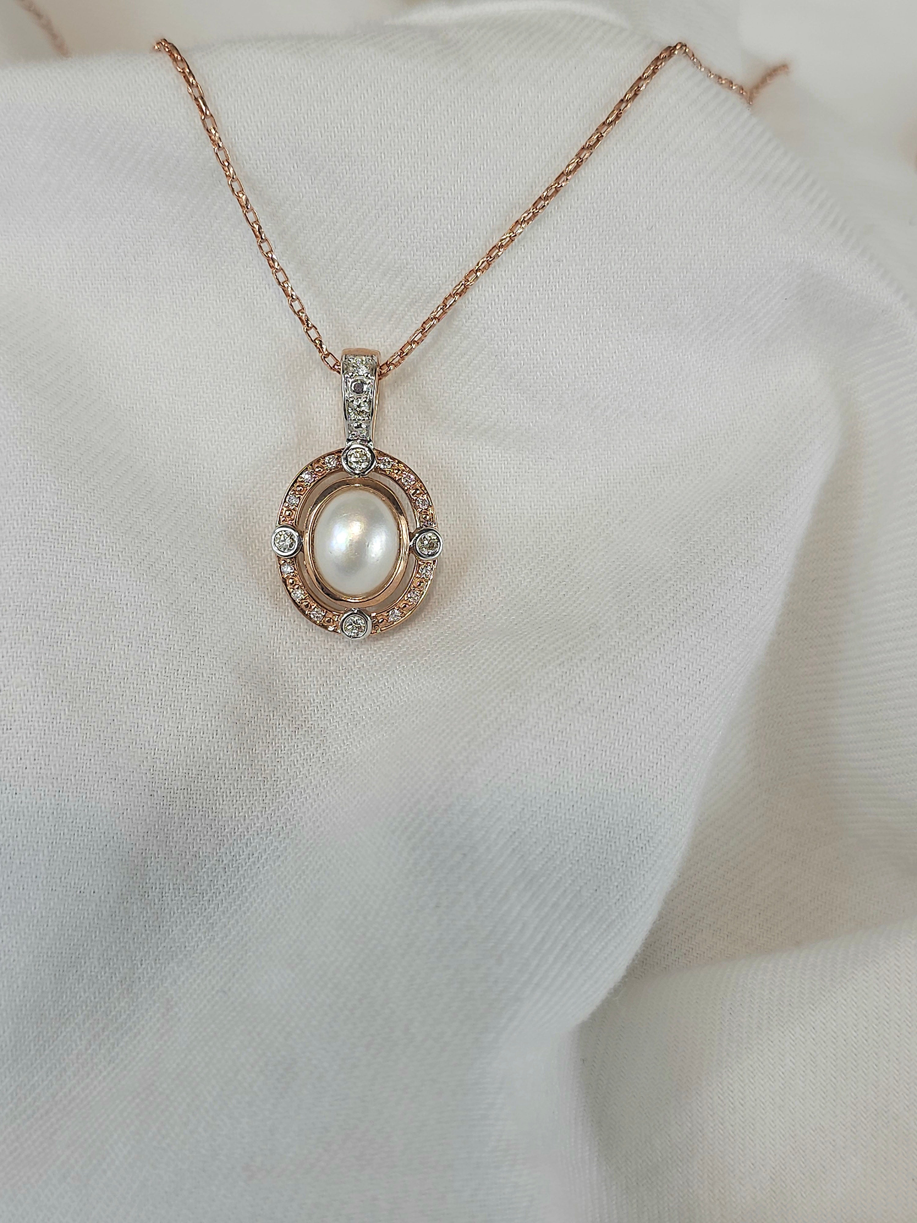 9ct Rose and White 'Pink Caviar' Argyle Diamond and Mabe Pearl enhancer, 0.24cts total.