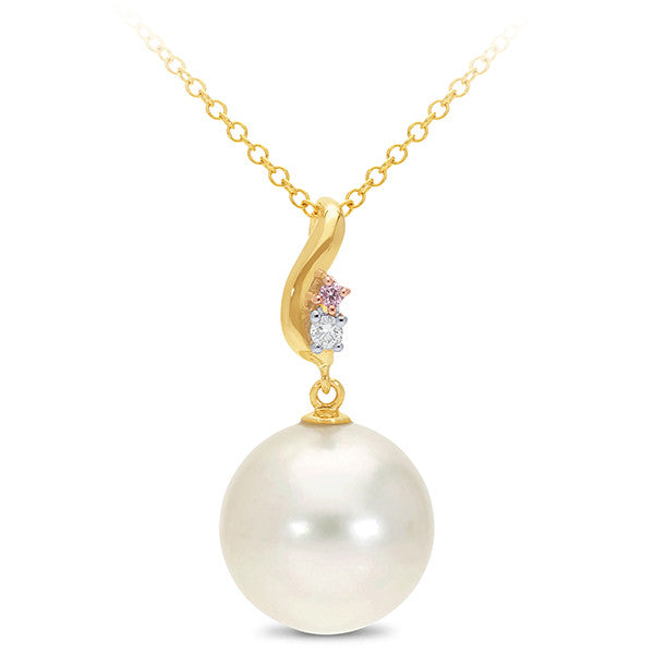 9ct Yellow, Rose and White Gold Pink Diamond and South Sea Pearl Drop Pendant