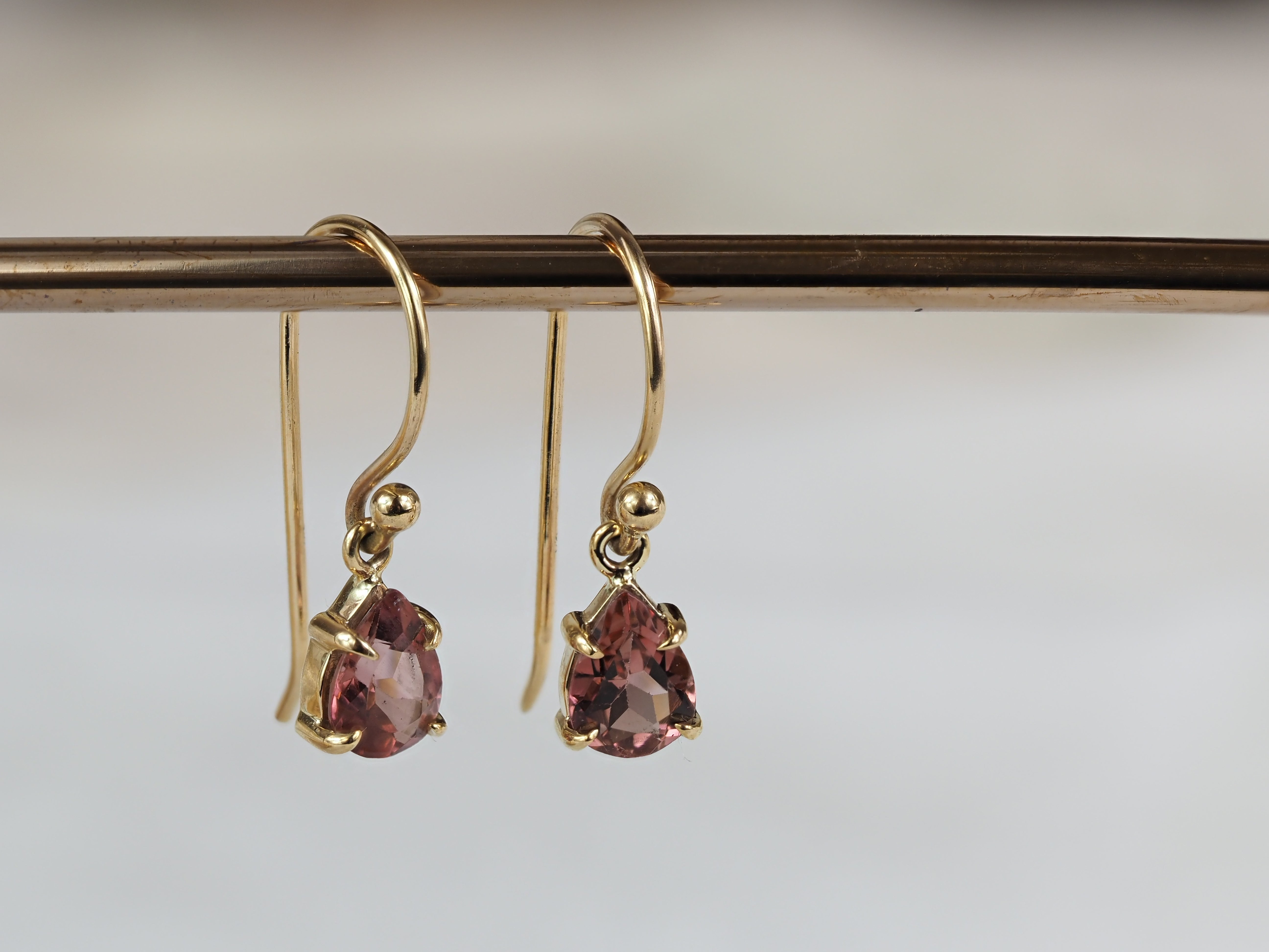9ct Yellow Gold Pink Tourmaline Shepard Hook Earrings