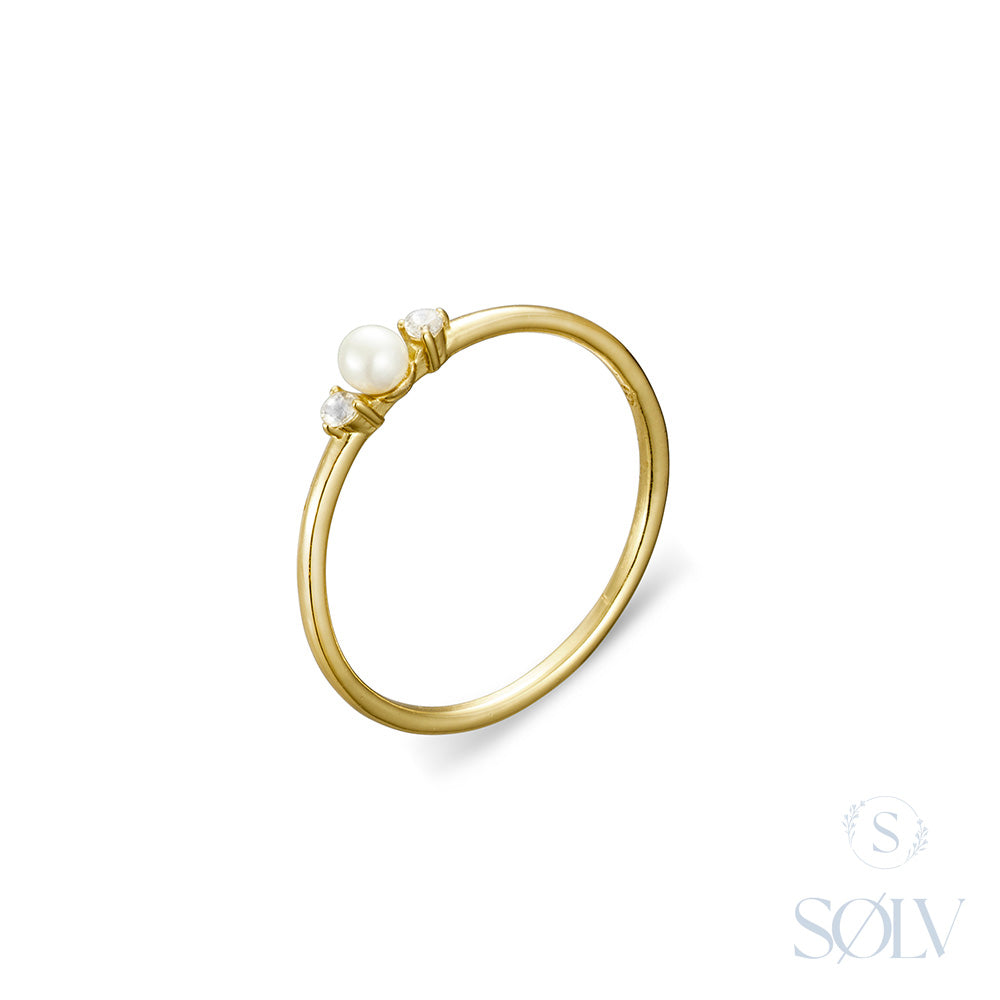 Solv Sterling Silver Gold Plated Pearl and Cubic Zirconia Ring, Size 7