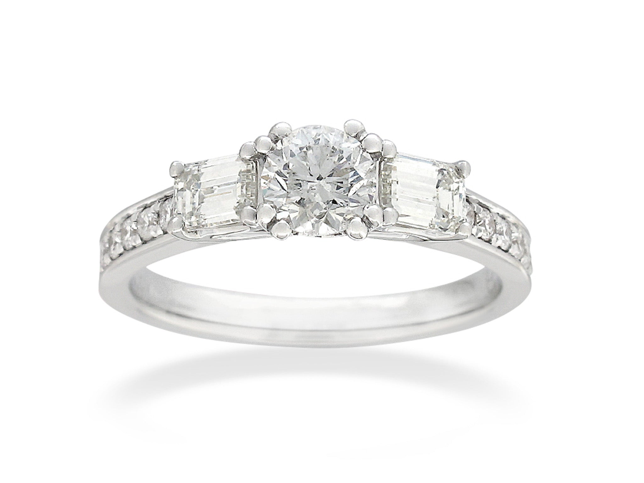 18ct White Gold Round and Emerald Cut Diamond Engagement Ring, 0.40ct Centre