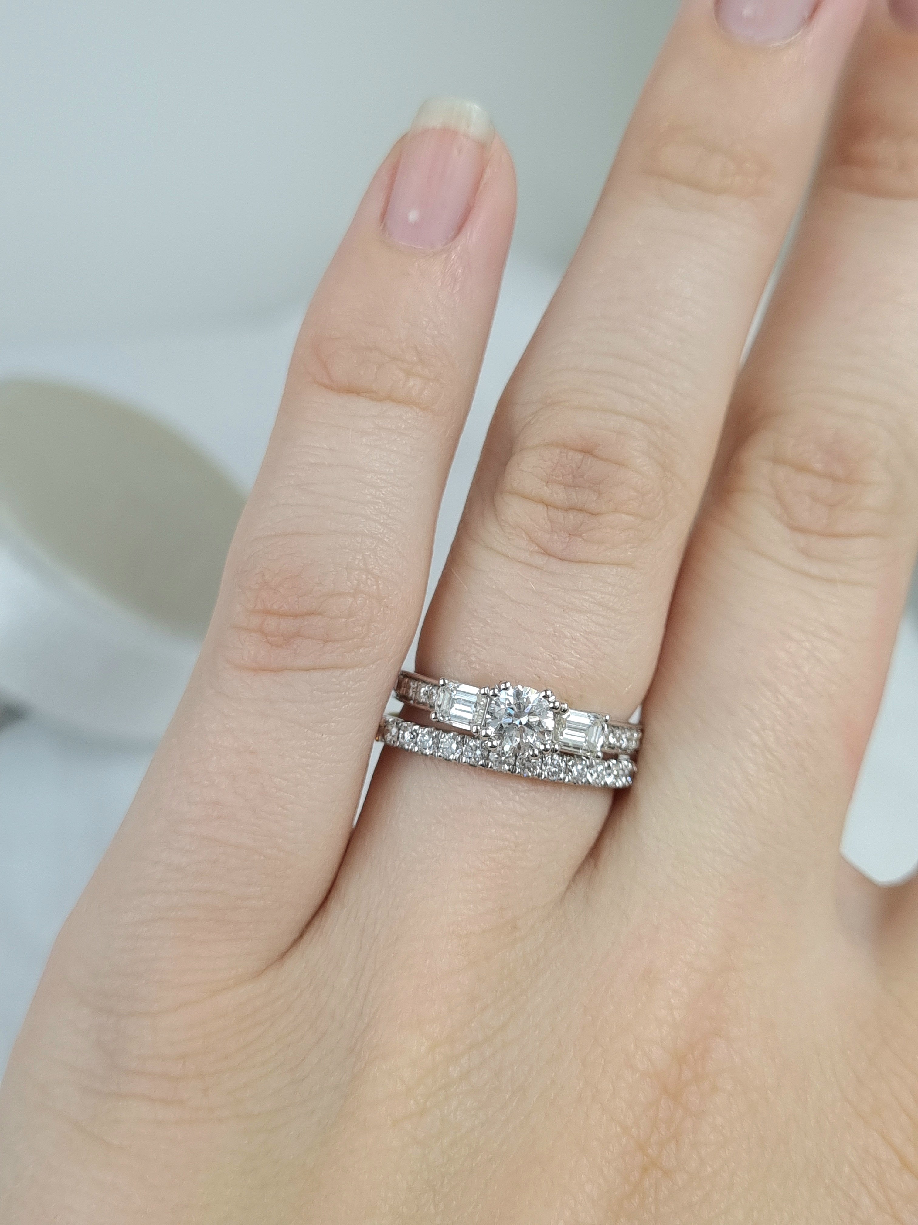 18ct White Gold Round and Emerald Cut Diamond Engagement Ring, 0.40ct Centre