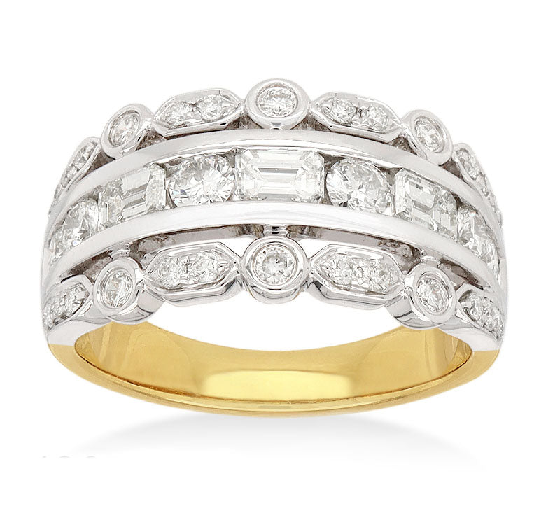 18ct Yellow and White Gold Multi Row Diamond Ring, 1.2ct total